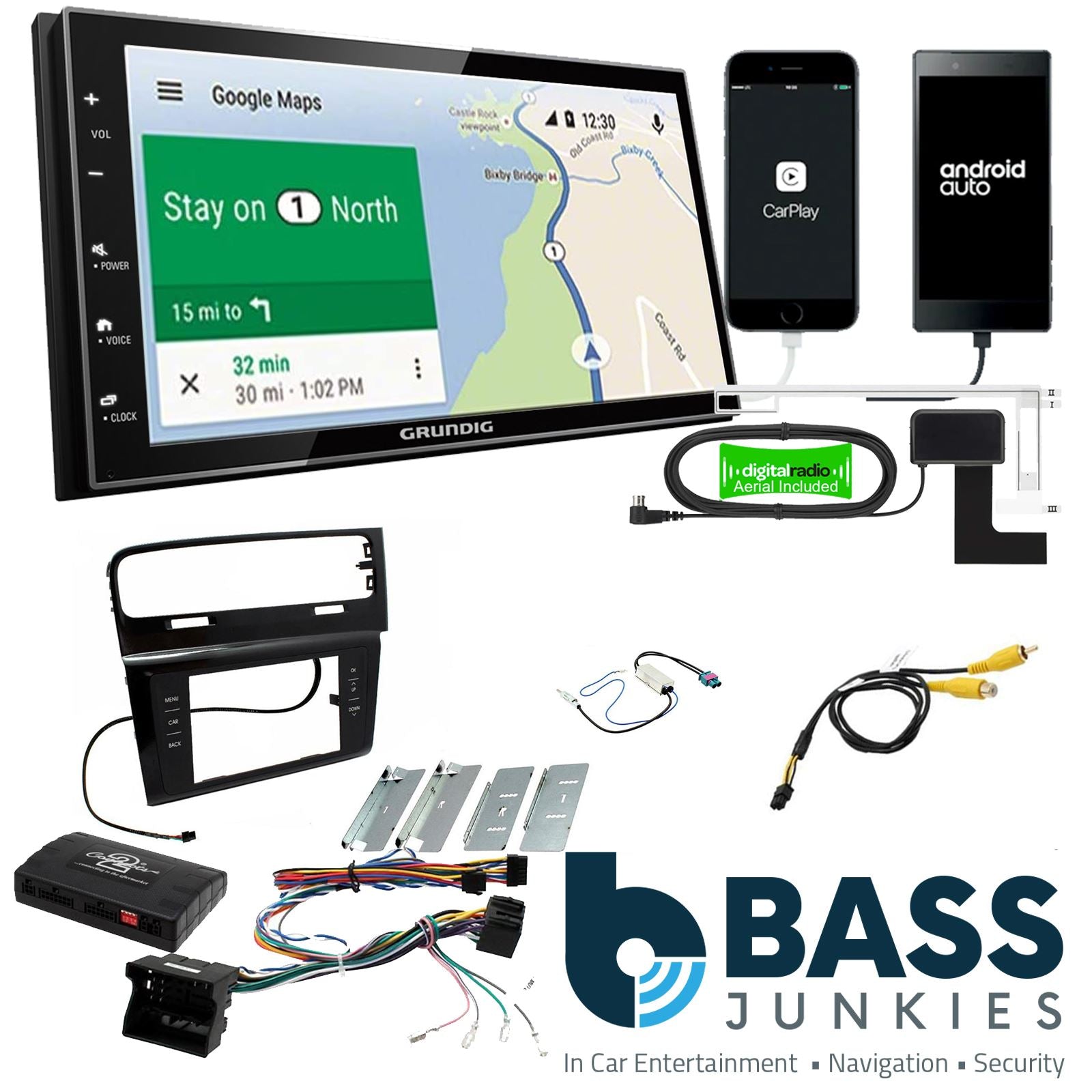 Grundig 6.8" Apple Android Double Din Stereo Fitting Kit + Steering Wheel Stalk Controls to fit VW Golf 2012-18
