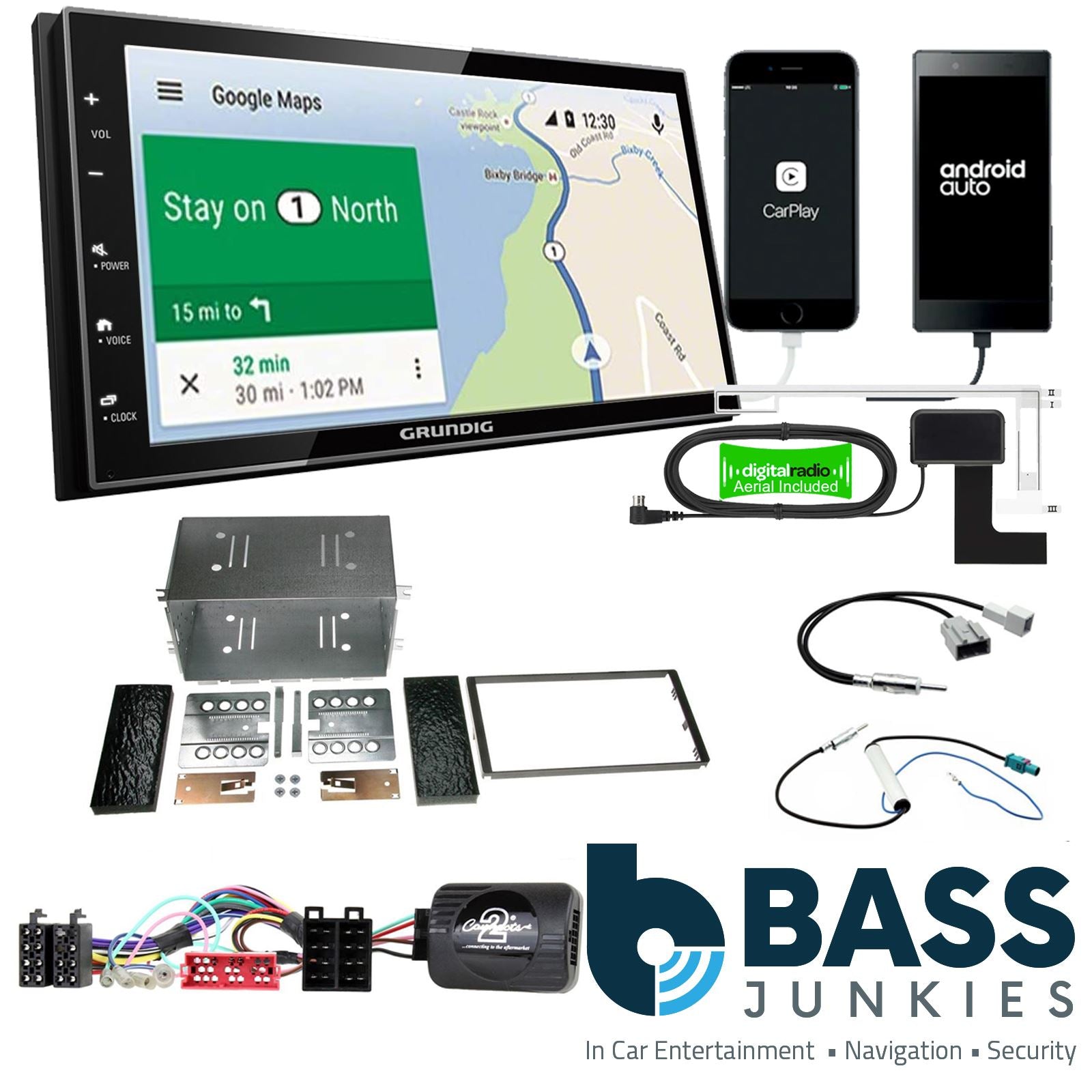 Grundig 6.8" Apple Android Double Din Stereo Fitting Kit + Steering Wheel Stalk Controls to fit Kia Magentis 2005-10