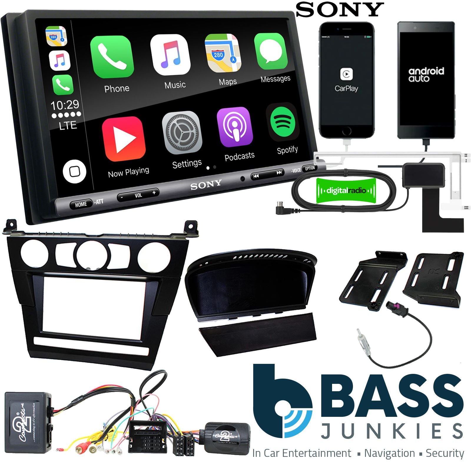 SONY DAB+ Apple | Android Double Din Stereo Fitting Kit + Steering Wheel Stalk Controls to fit BMW 5-Series 2003-07