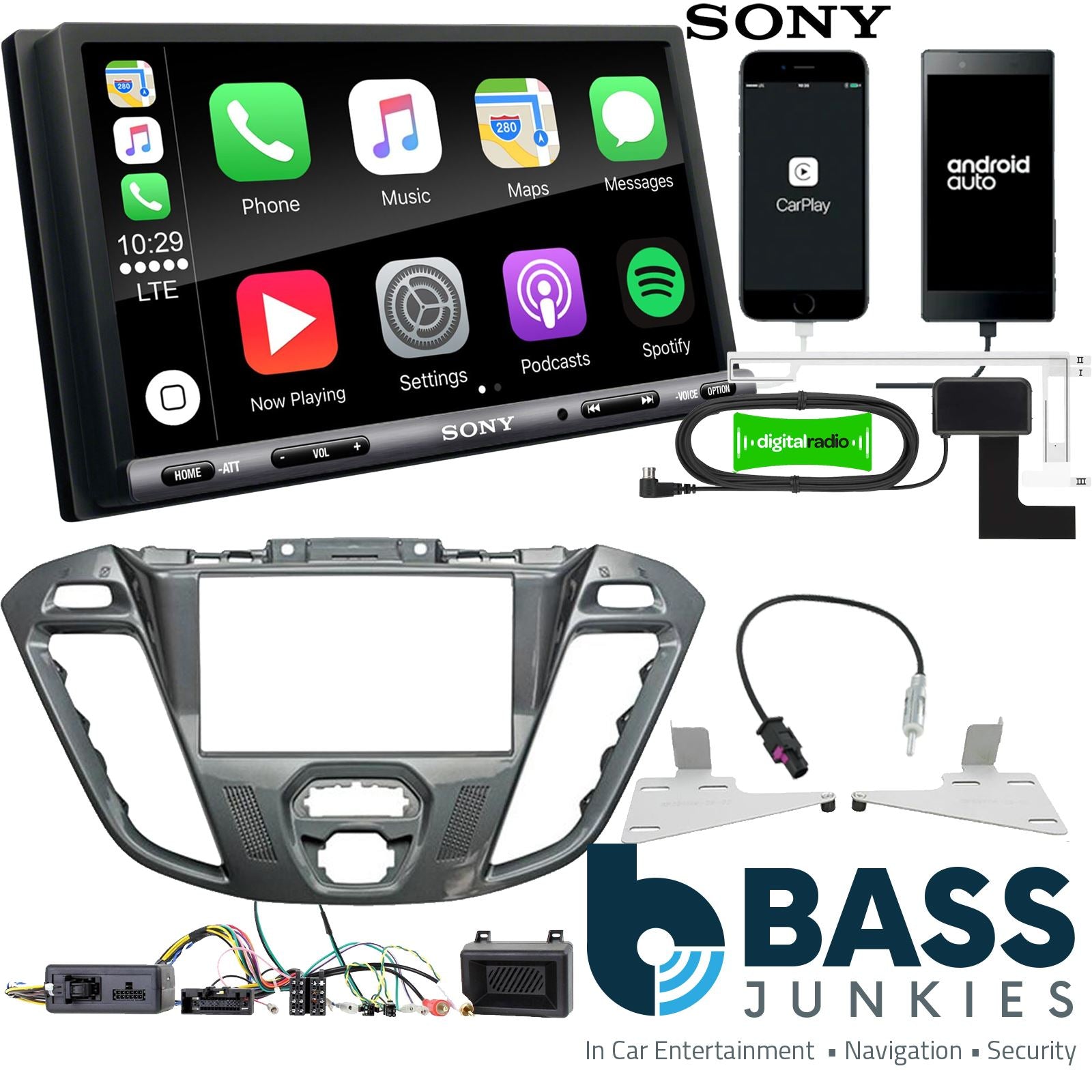 SONY DAB+ Apple | Android Double Din Stereo Fitting Kit + Steering Wheel Stalk Controls to fit Ford Transit-Custom 12-16