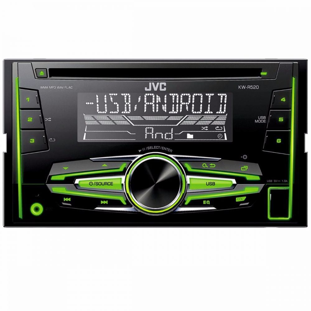 JVC KW-R520 - Double Din CD MP3 Front USB Aux, AM/FM Radio Tuner, Variable illumination, Android Control  Car Stereo