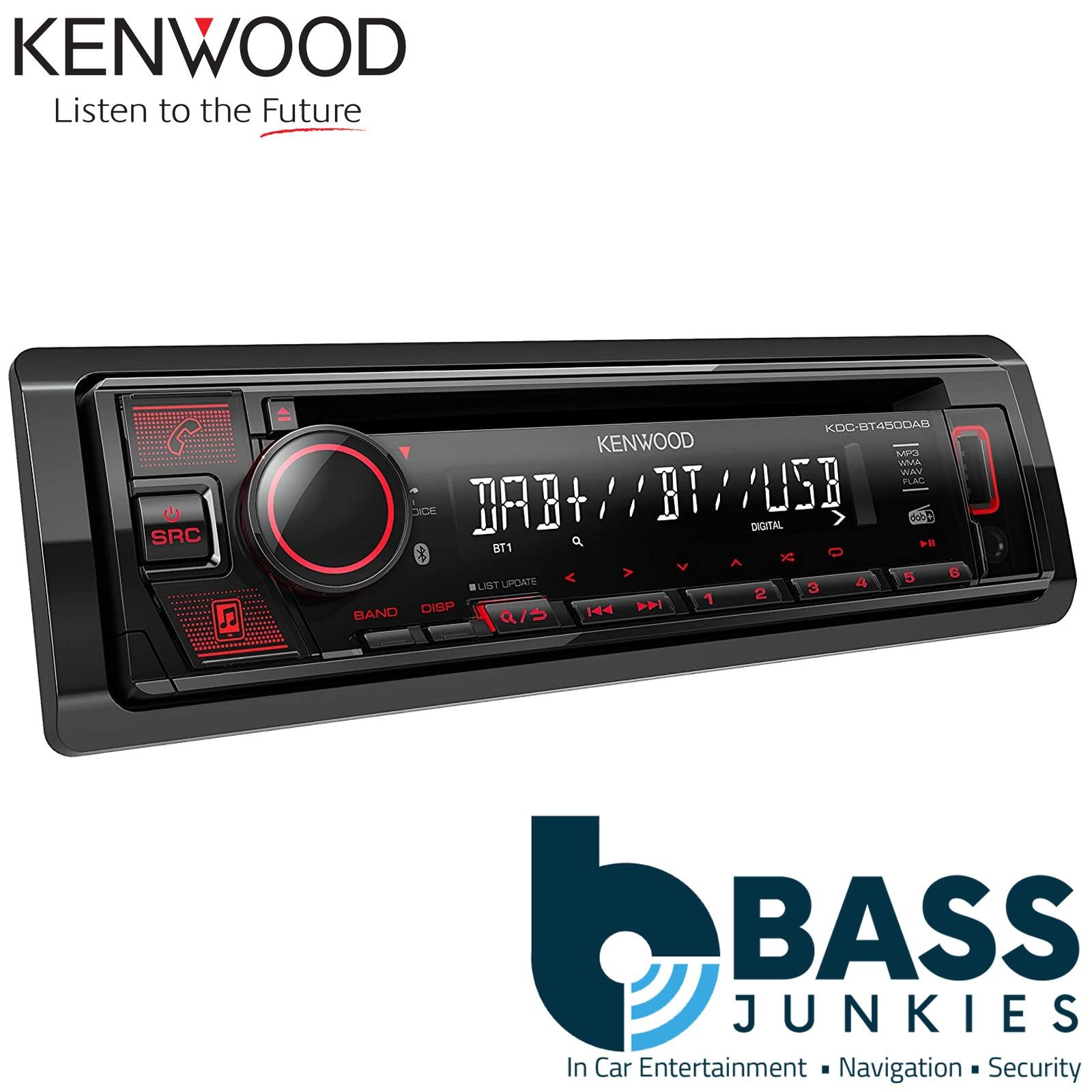 Kenwood KDC-BT450DAB Car Stereo DAB Radio/CD/MP3/Bluetooth/IPOD/IPHONE/ANDROID control/Amazon Alexa/Spotify App Link/Front USB/Front Aux-In/External Microphone/Red llumination/INCLUDES DAB AERIAL