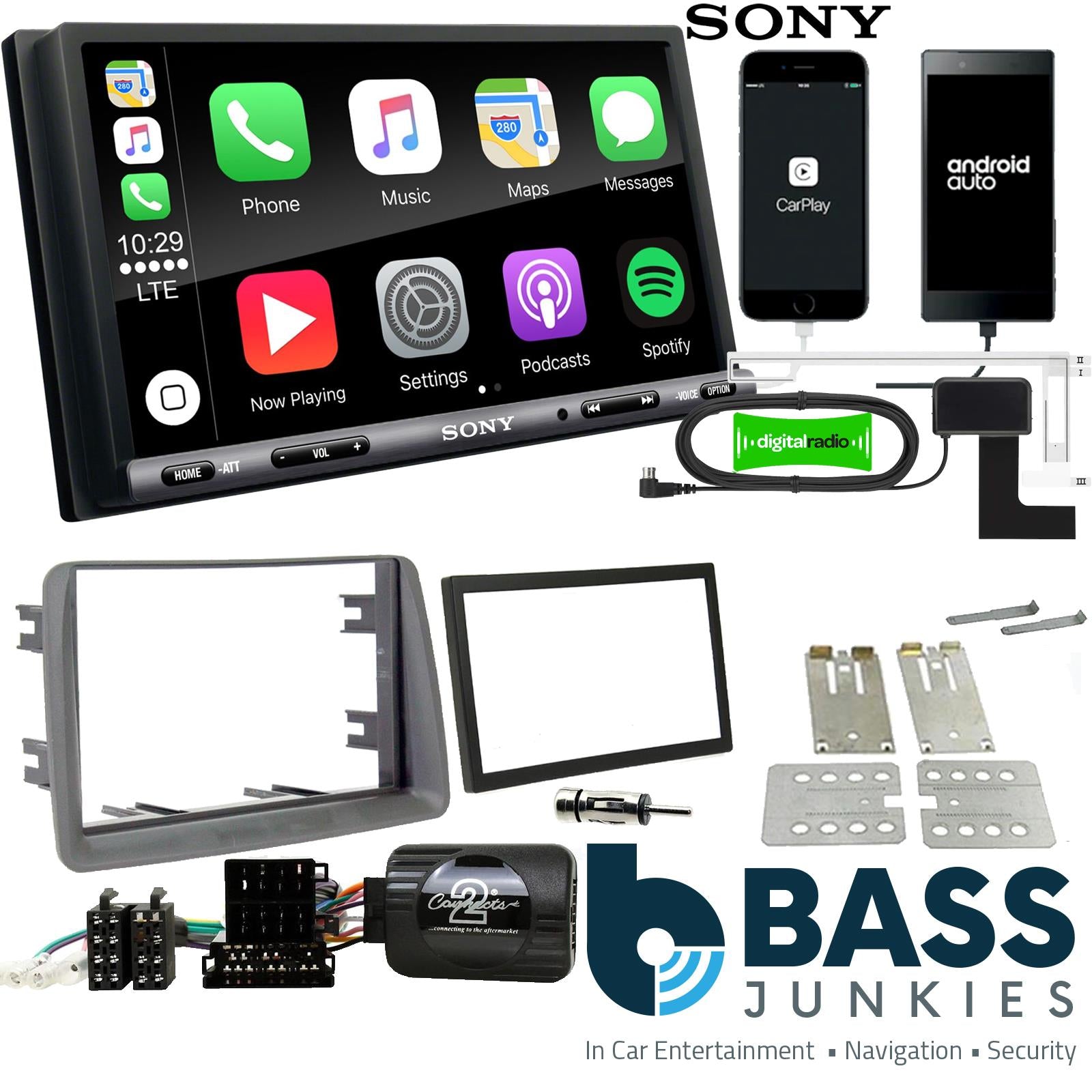 SONY DAB+ Apple | Android Double Din Stereo Fitting Kit + Steering Wheel Stalk Controls to fit Fiat Panda 2003-12