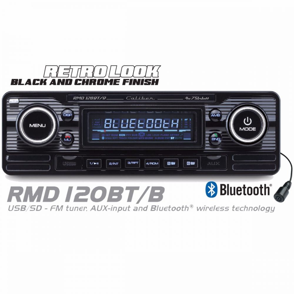 Caliber CALRMD120BT/B -  Mechless Retro Style Bluetooth USB AUX SD Car Stereo Radio Player in Piano Black Finish