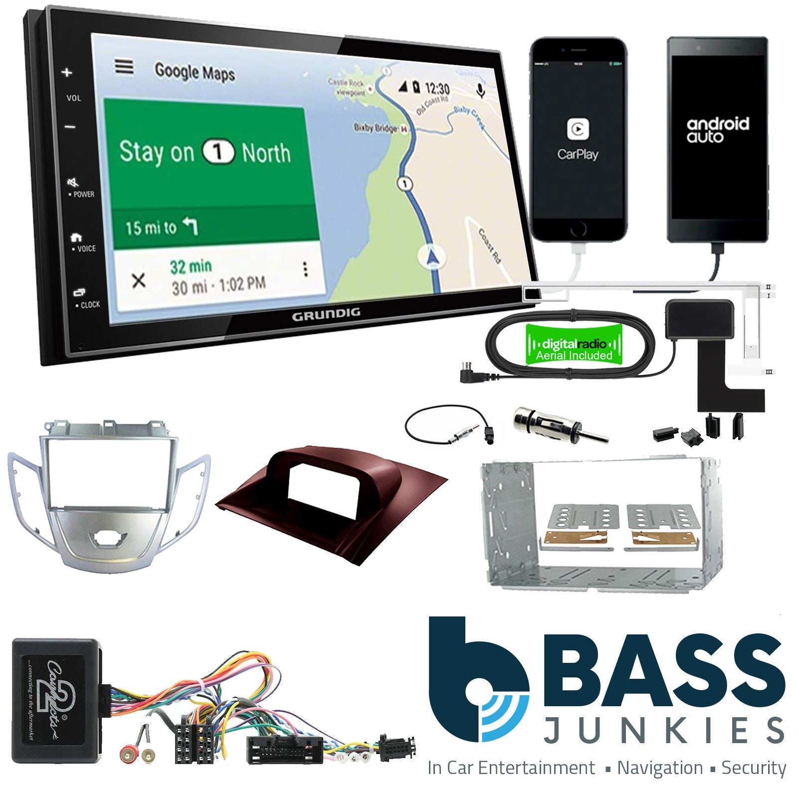 Grundig 6.8" Apple Android Double Din Stereo Fitting Kit + Steering Wheel Stalk Controls to fit Ford Fiesta 2010-12