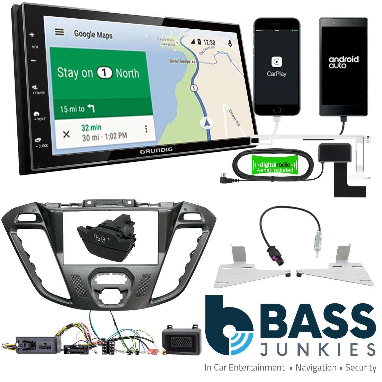 Grundig 6.8" Apple Android Double Din Stereo Fitting Kit + Steering Wheel Stalk Controls to fit Ford C-Max 2010-