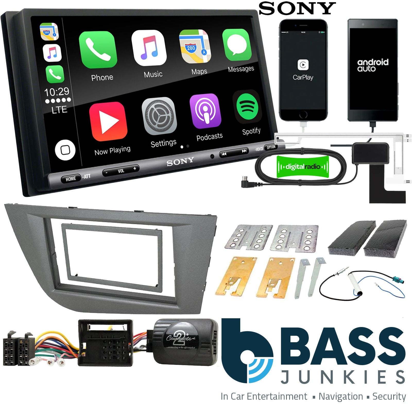 SONY DAB+ Apple | Android Double Din Stereo Fitting Kit + Steering Wheel Stalk Controls to fit Seat Leon 2005-12