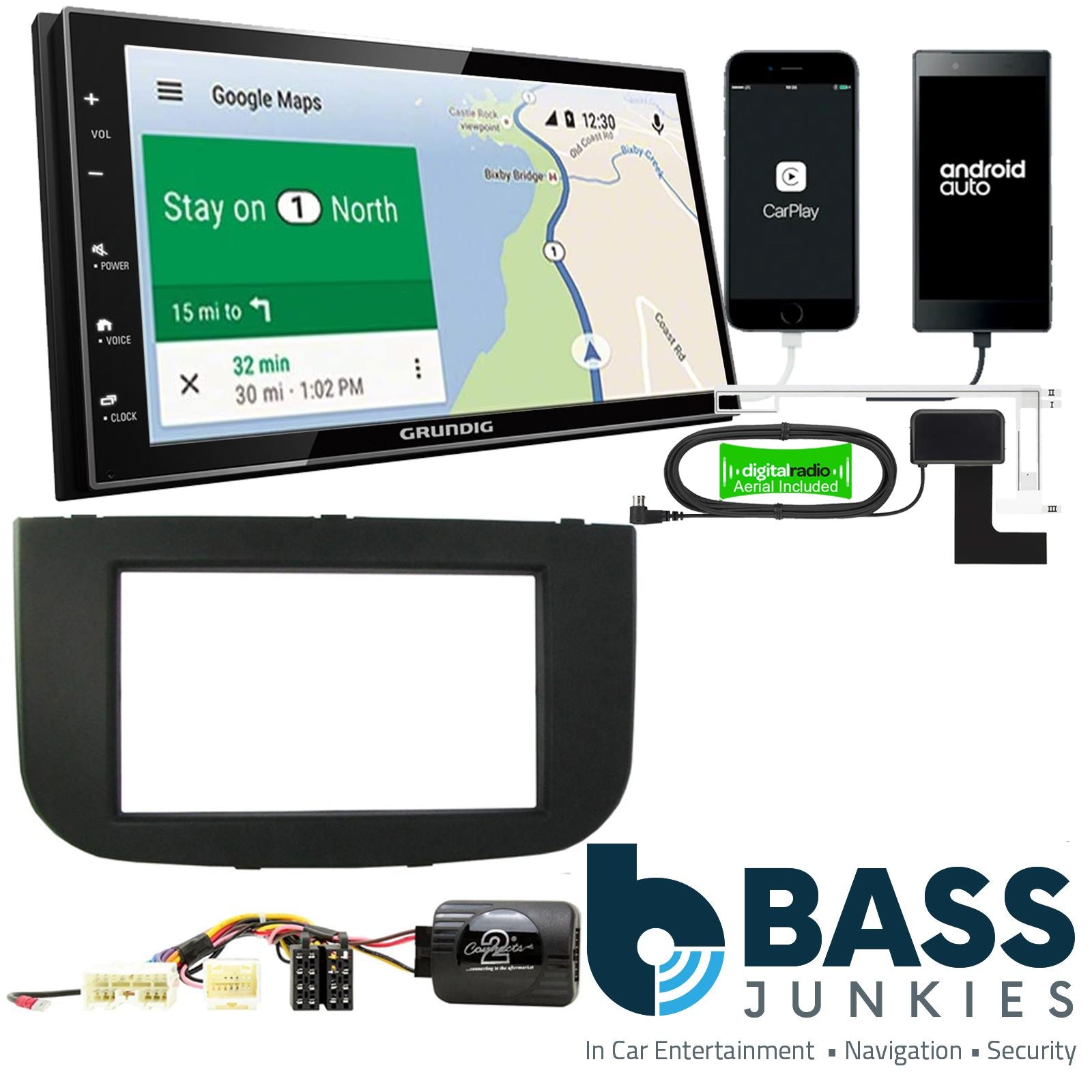Grundig 6.8" Apple Android Double Din Stereo Fitting Kit + Steering Wheel Stalk Controls to fit Mitsubishi Colt 2009-12