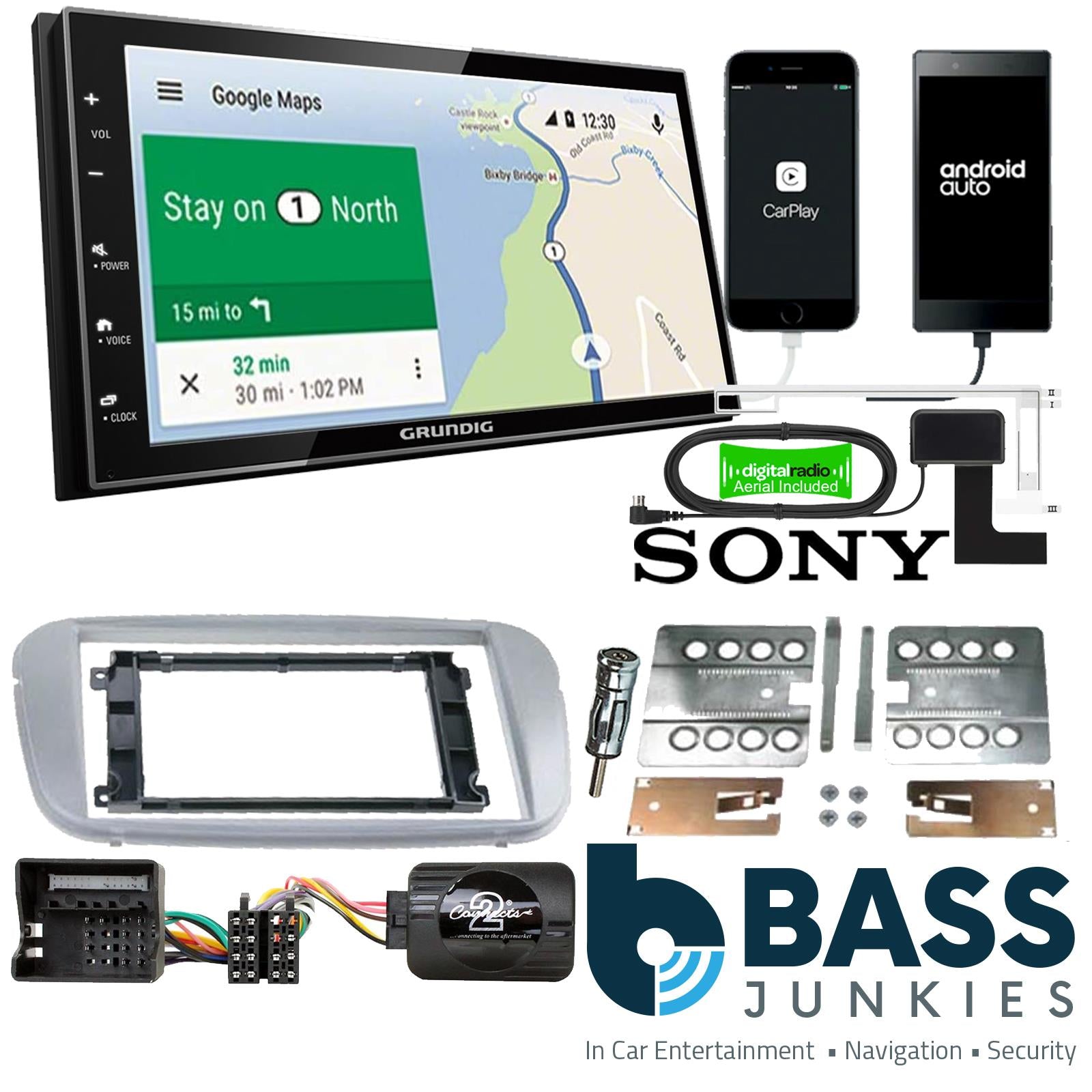 Grundig 6.8" Apple Android Double Din Stereo Fitting Kit + Steering Wheel Stalk Controls to fit Ford Focus 2007-11 | Ford Mondeo 2007-14