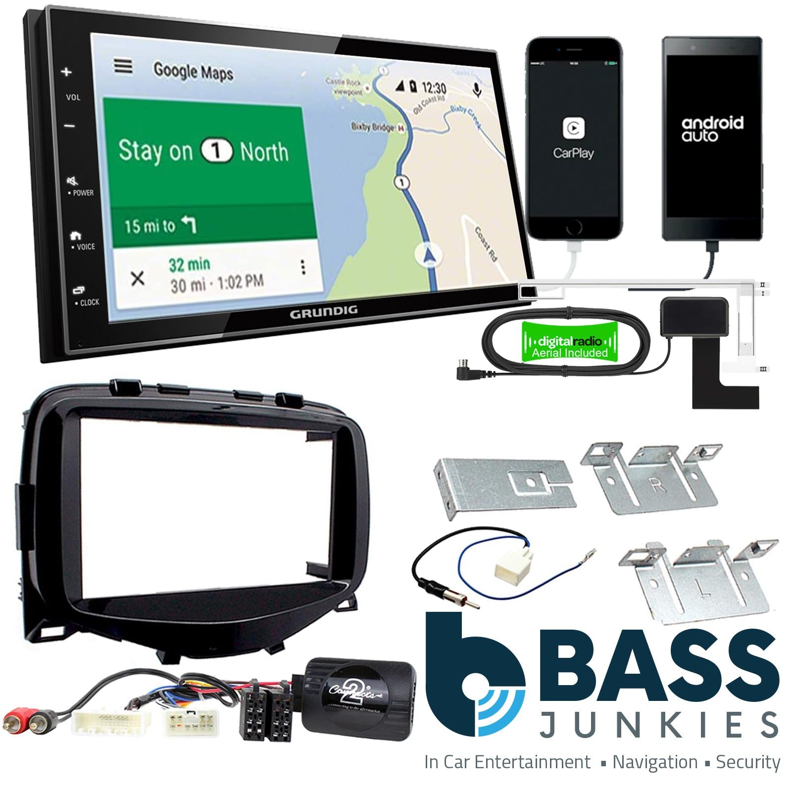 Grundig 6.8" Apple Android Double Din Stereo Fitting Kit + Steering Wheel Stalk Controls to fit Citroen C1 2014-21