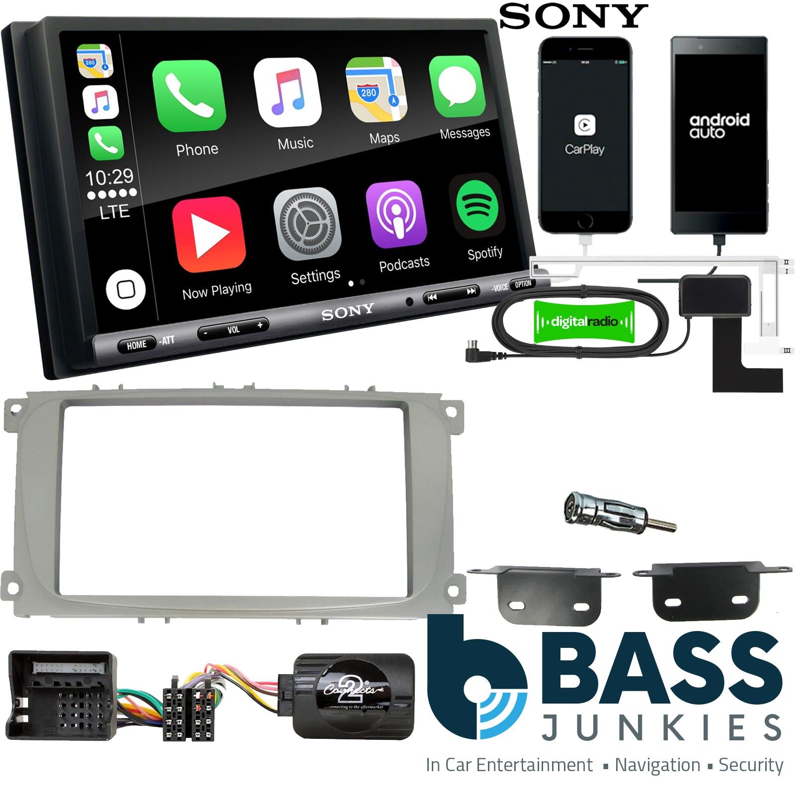 SONY DAB+ Apple | Android Double Din Stereo Fitting Kit + Steering Wheel Stalk Controls to fit Ford Focus 2007-11 | Ford Mondeo 2007-14