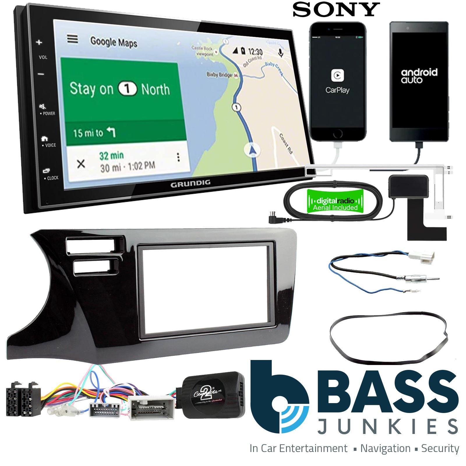 Grundig 6.8" Apple Android Double Din Stereo Fitting Kit + Steering Wheel Stalk Controls to fit Honda City 2014-