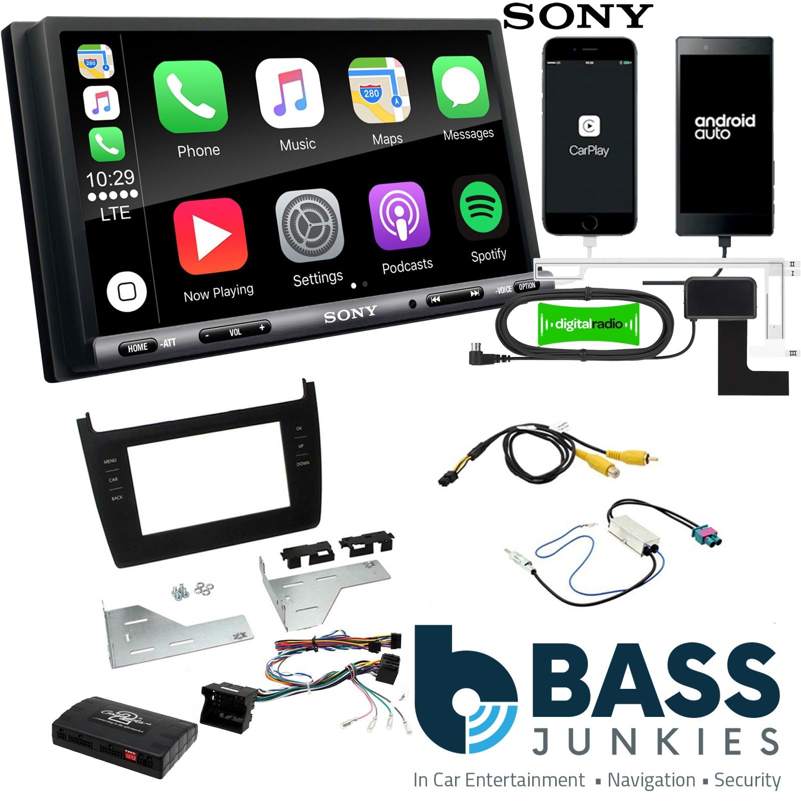 SONY DAB+ Apple | Android Double Din Stereo Fitting Kit + Steering Wheel Stalk Controls to fit VW Polo 2012-17