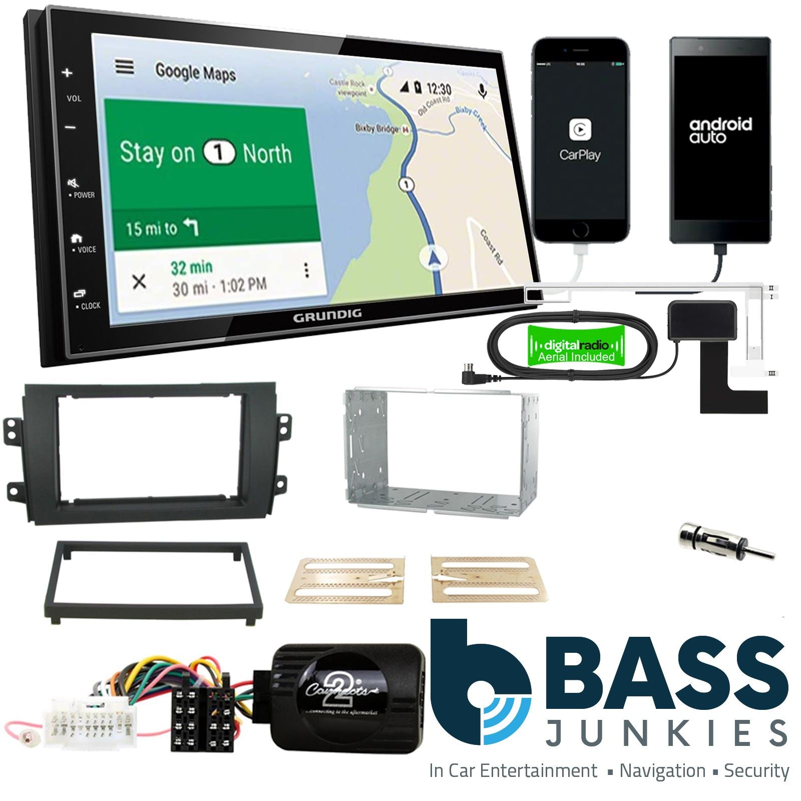 Grundig 6.8" Apple Android Double Din Stereo Fitting Kit + Steering Wheel Stalk Controls to fit Suzuki SX4 2006-14