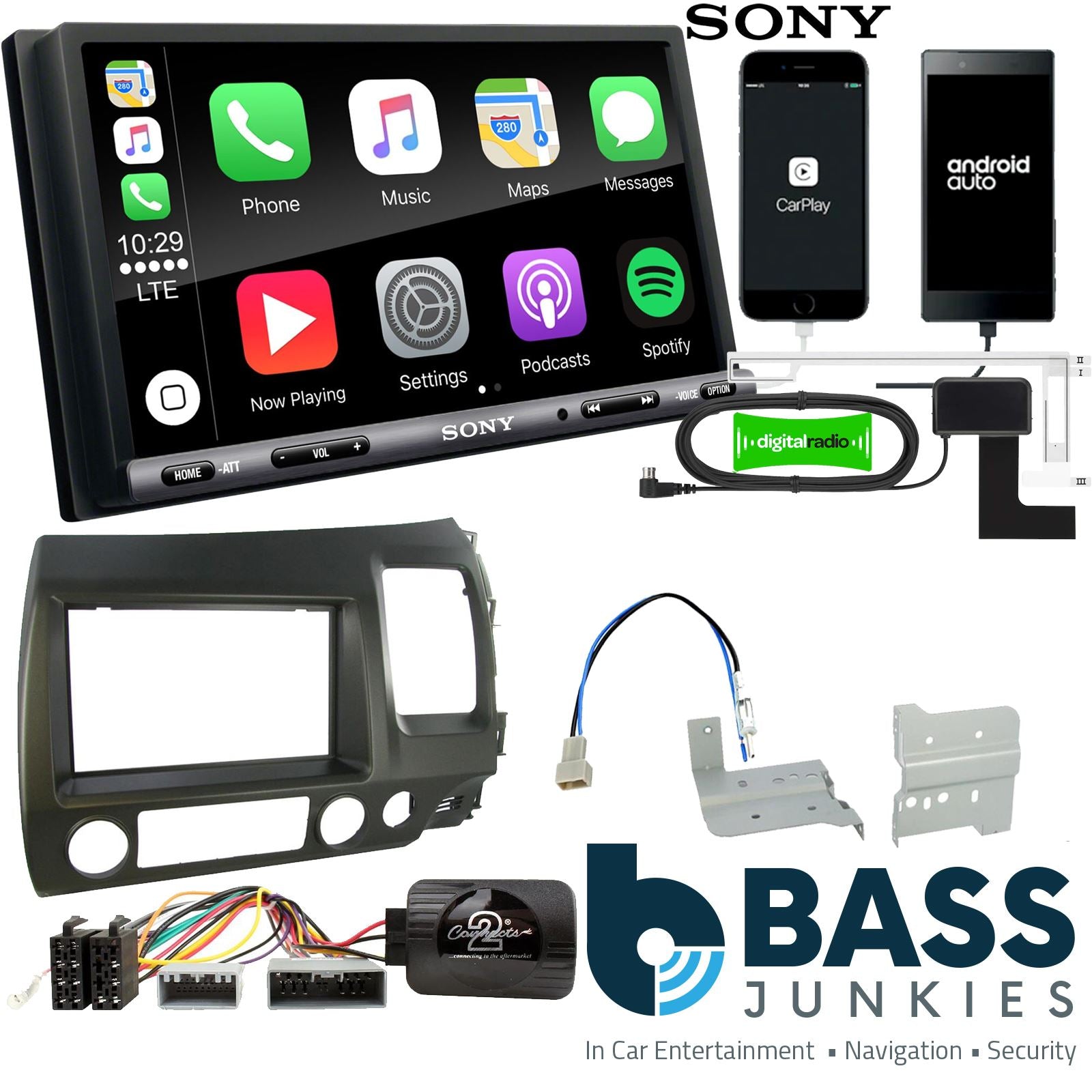 SONY DAB+ Apple | Android Double Din Stereo Fitting Kit + Steering Wheel Stalk Controls to fit Honda Civic 2006-12