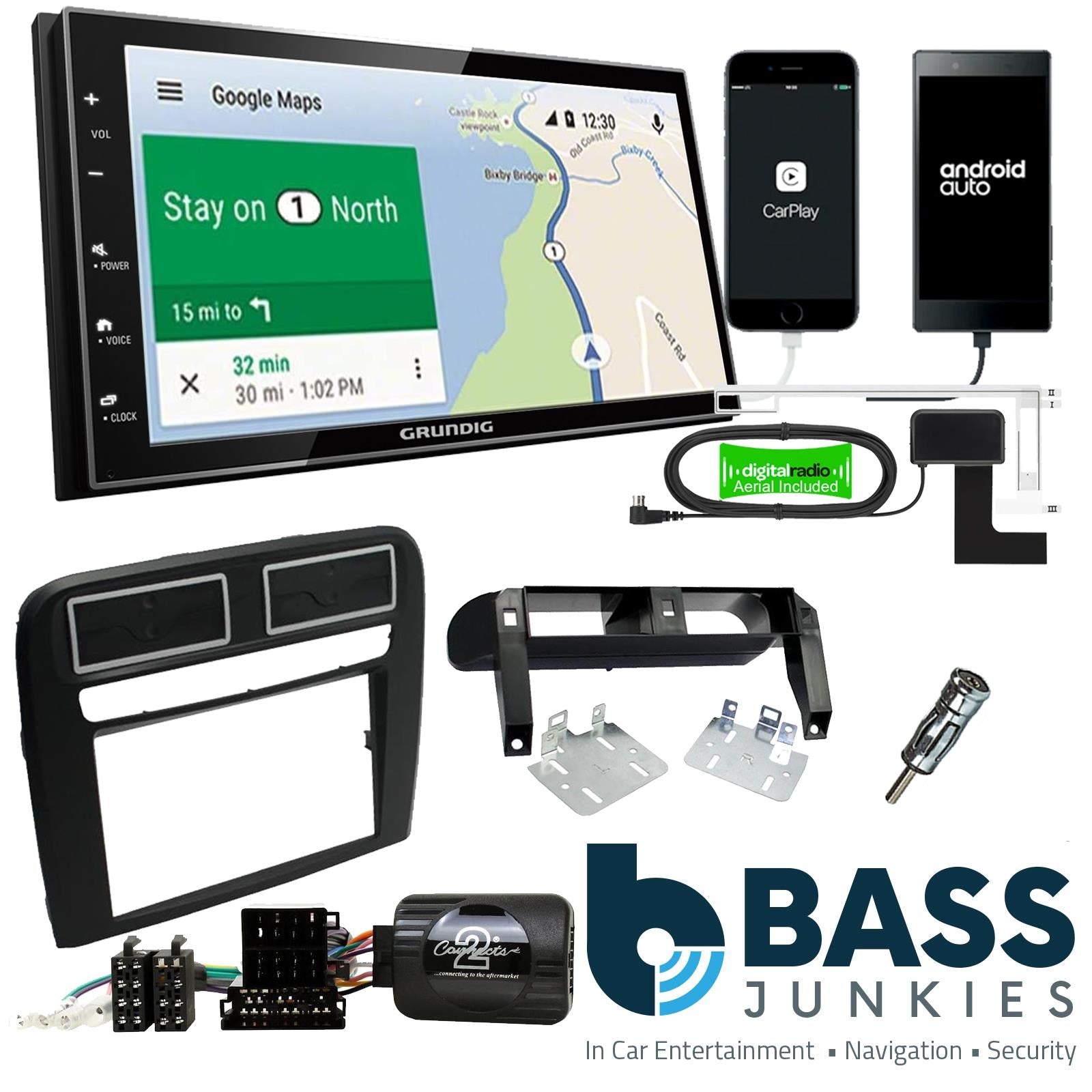Grundig 6.8" Apple Android Double Din Stereo Fitting Kit + Steering Wheel Stalk Controls to fit Fiat Grande-Punto 2005-09