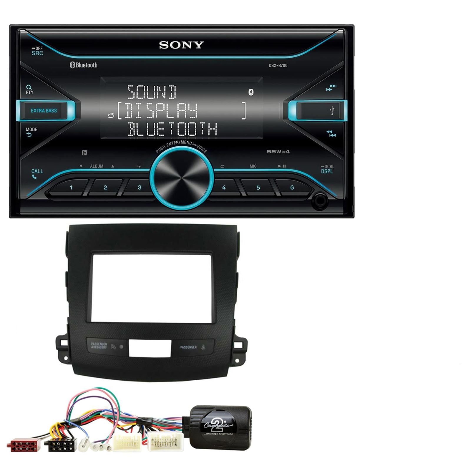 Sony DSX-B700 Bluetooth MP3 USB AUX 4 x 55W Double Din Car Stereo Radio Player + Connects2 Double Din + Steering Wheel Controls fits Mitsubishi Outlander 2007-13