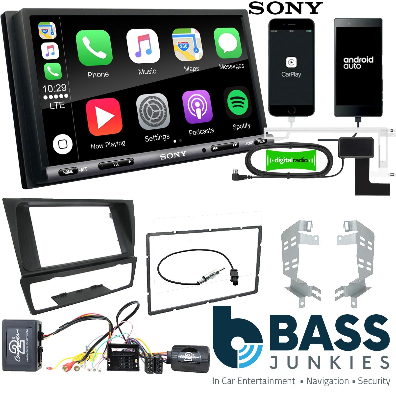 SONY DAB+ Apple | Android Double Din Stereo Fitting Kit + Steering Wheel Stalk Controls to fit BMW 3-Series 2005-12
