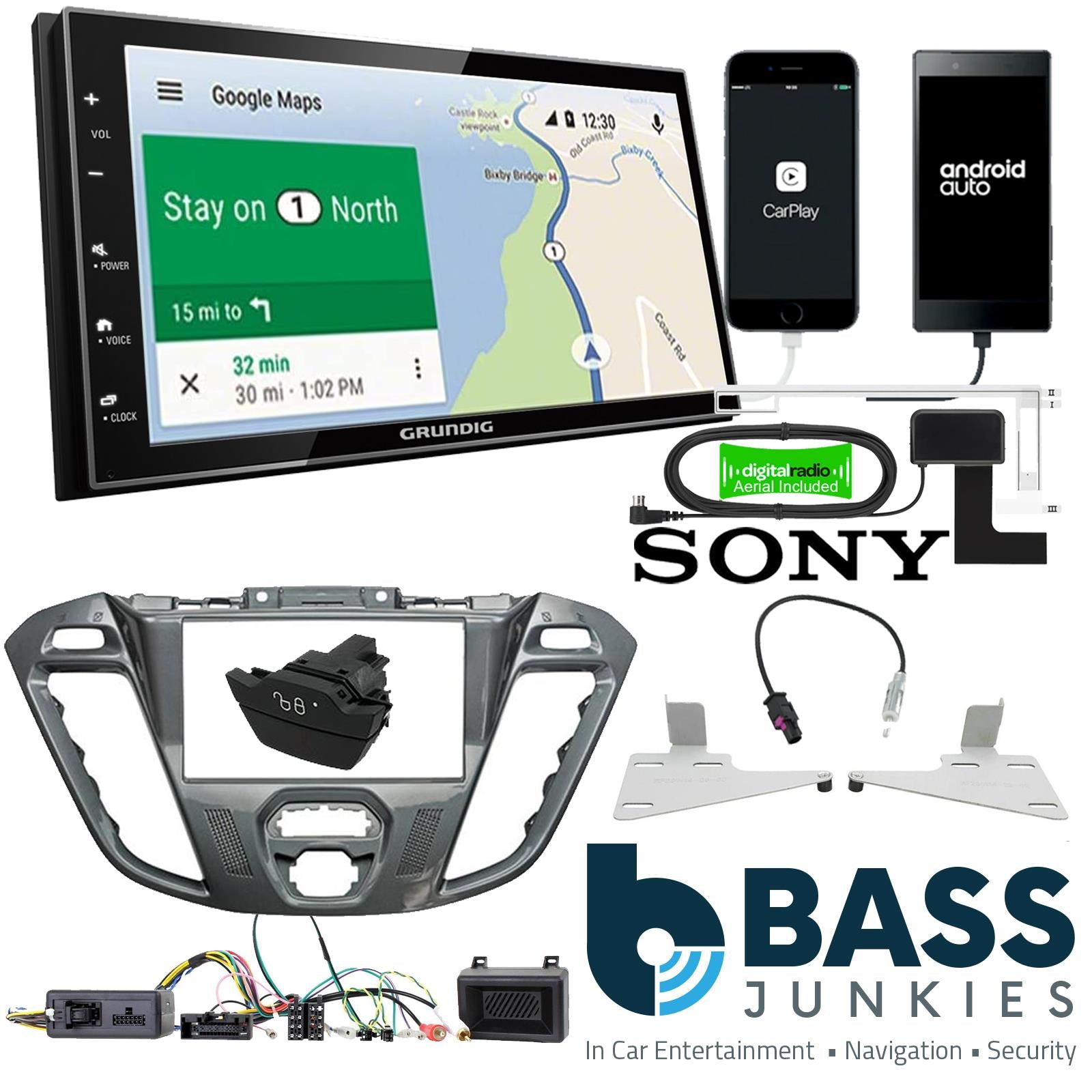 Grundig 6.8" Apple Android Double Din Stereo Fitting Kit + Steering Wheel Stalk Controls to fit Ford Transit-Custom 12-16