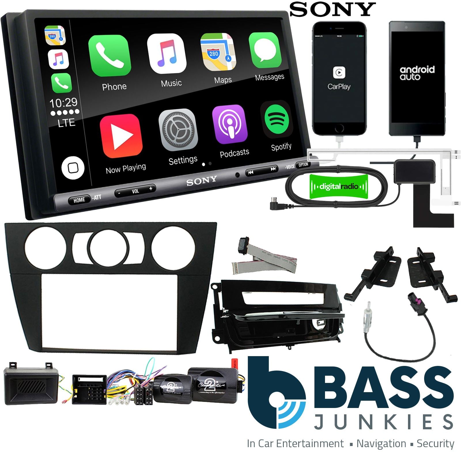 SONY DAB+ Apple | Android Double Din Stereo Fitting Kit + Steering Wheel Stalk Controls to fit BMW 3-Series 2005-12