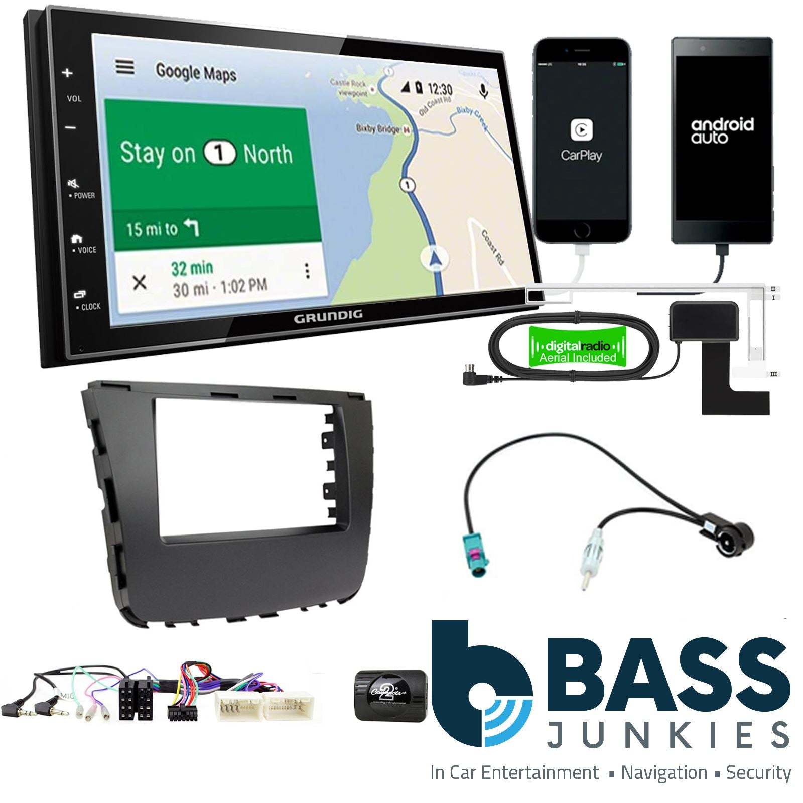 Grundig 6.8" Apple Android Double Din Stereo Fitting Kit + Steering Wheel Stalk Controls to fit SsangYong Musso 2018-21