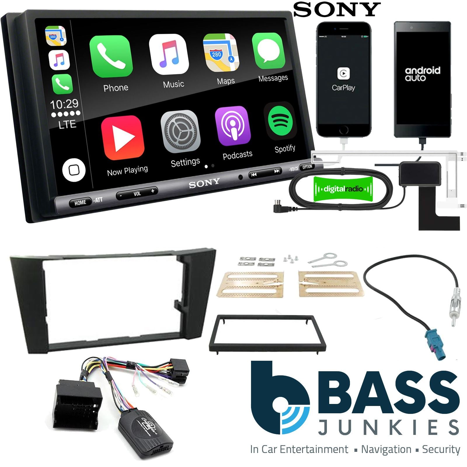 SONY DAB+ Apple | Android Double Din Stereo Fitting Kit + Steering Wheel Stalk Controls to fit Mercedes E-Class 2002-09