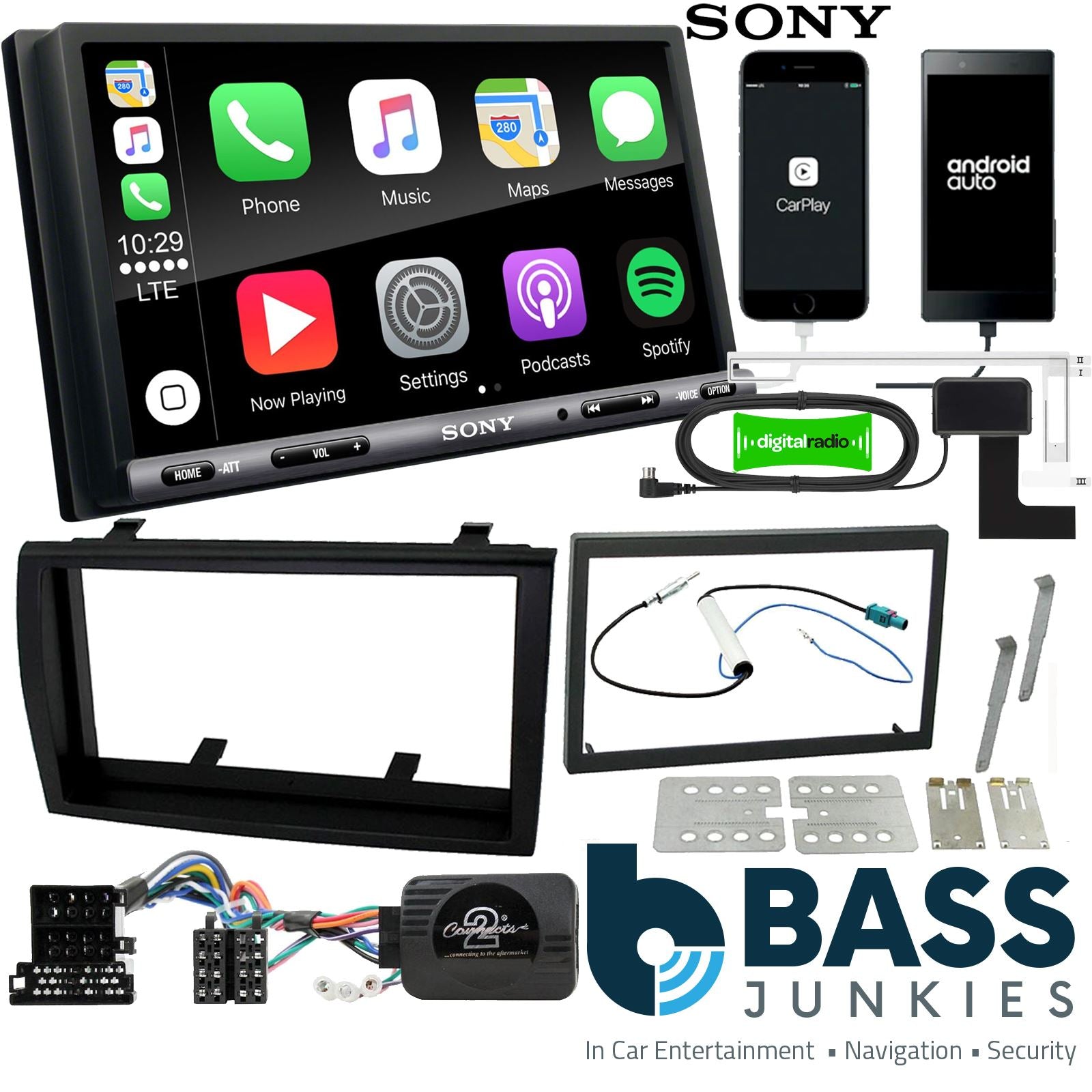 SONY DAB+ Apple | Android Double Din Stereo Fitting Kit + Steering Wheel Stalk Controls to fit Peugeot Boxer 2008-11