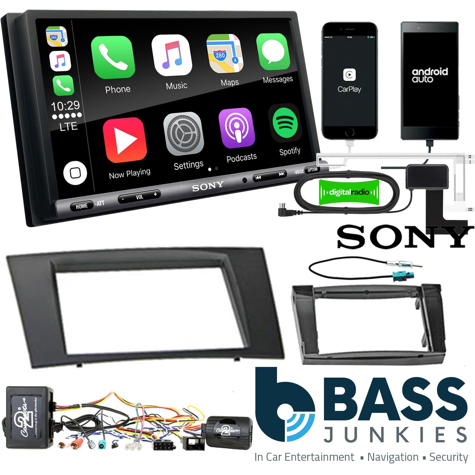 SONY DAB+ Apple | Android Double Din Stereo Fitting Kit + Steering Wheel Stalk Controls to fit Mercedes E-Class 2002-09