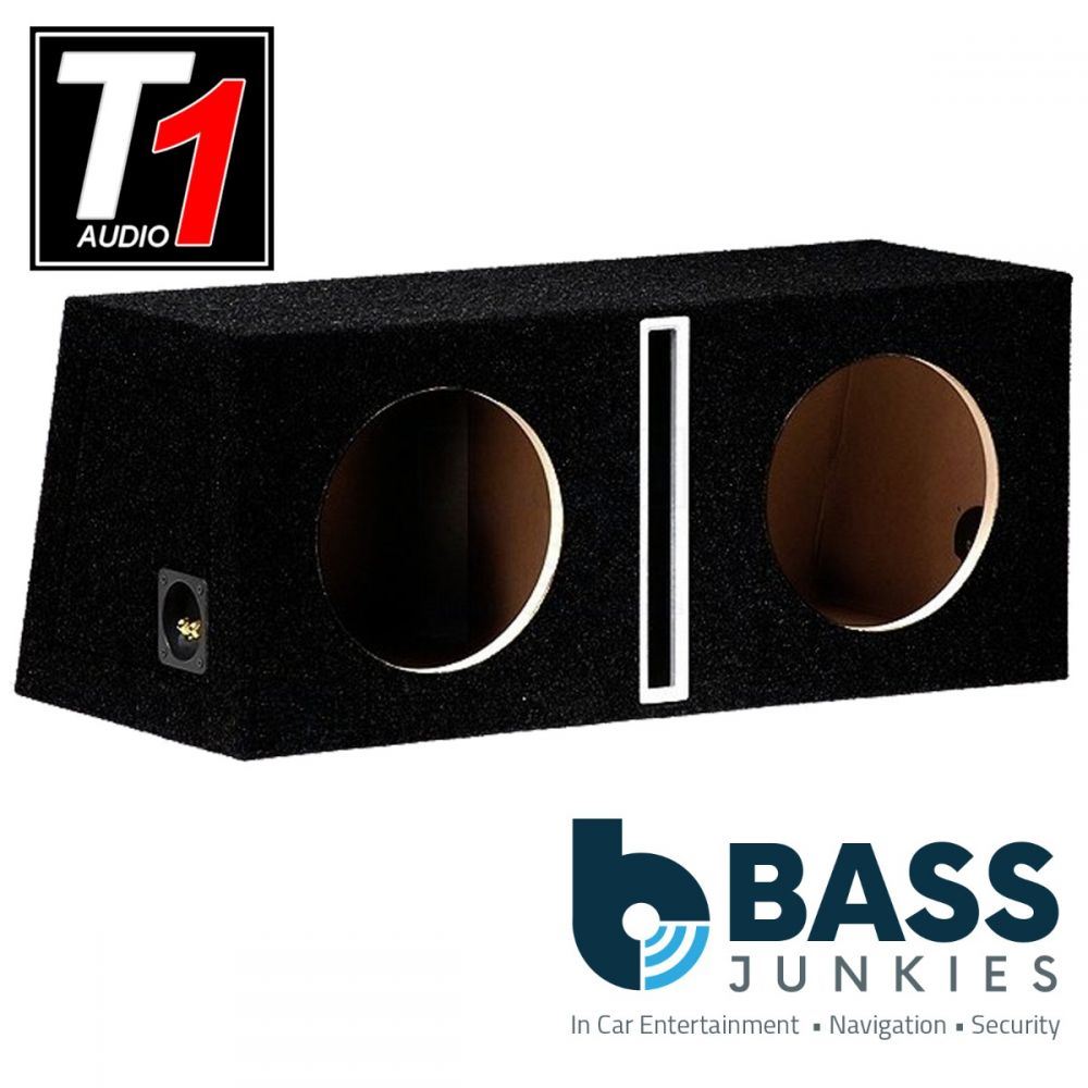 T1 Audio - 10" Slot Ported Twin Enclosure Fully Carpeted MDF Car Sub Subwoofer Bass Box Black