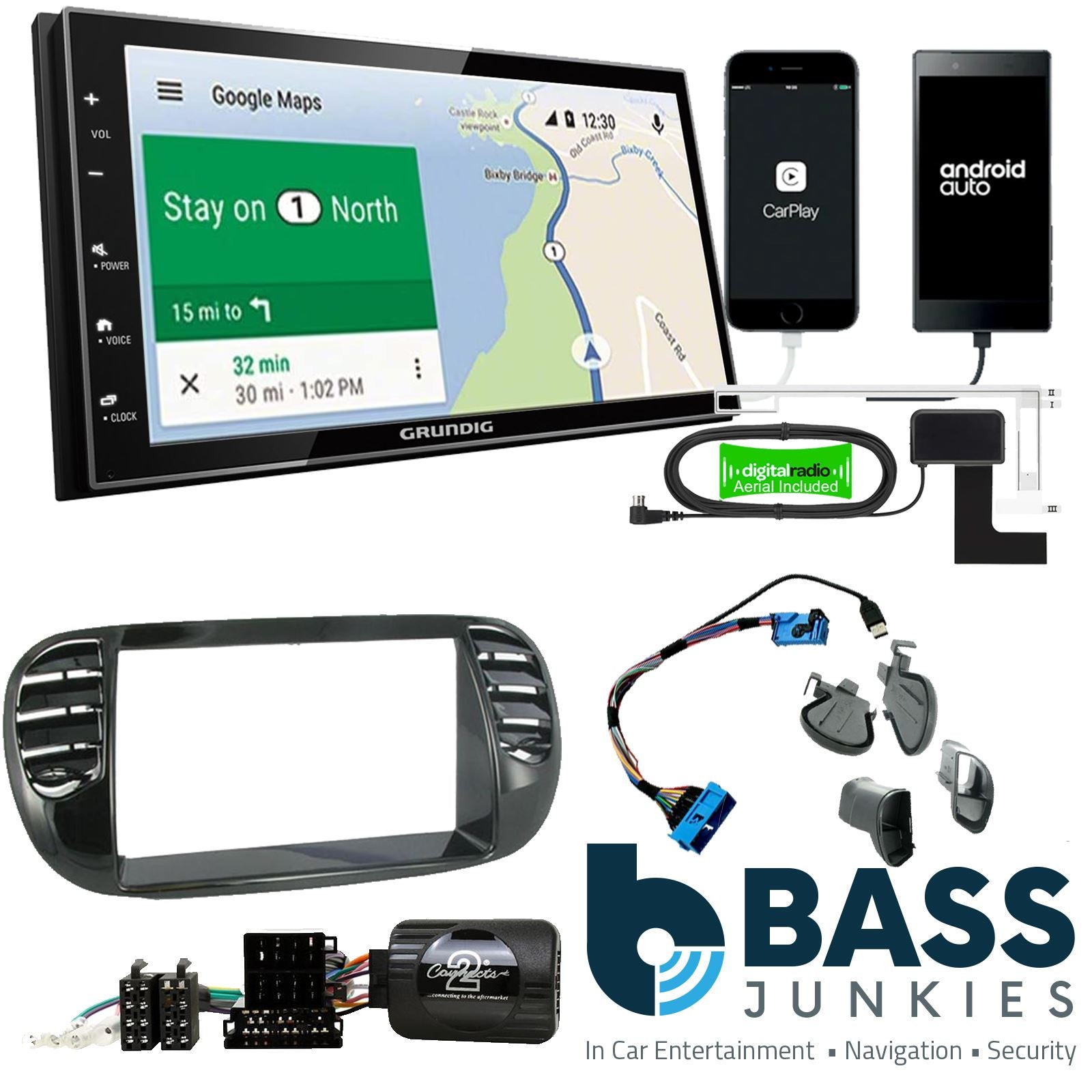 Grundig 6.8" Apple Android Double Din Stereo Fitting Kit + Steering Wheel Stalk Controls to fit Fiat 500 2007-15