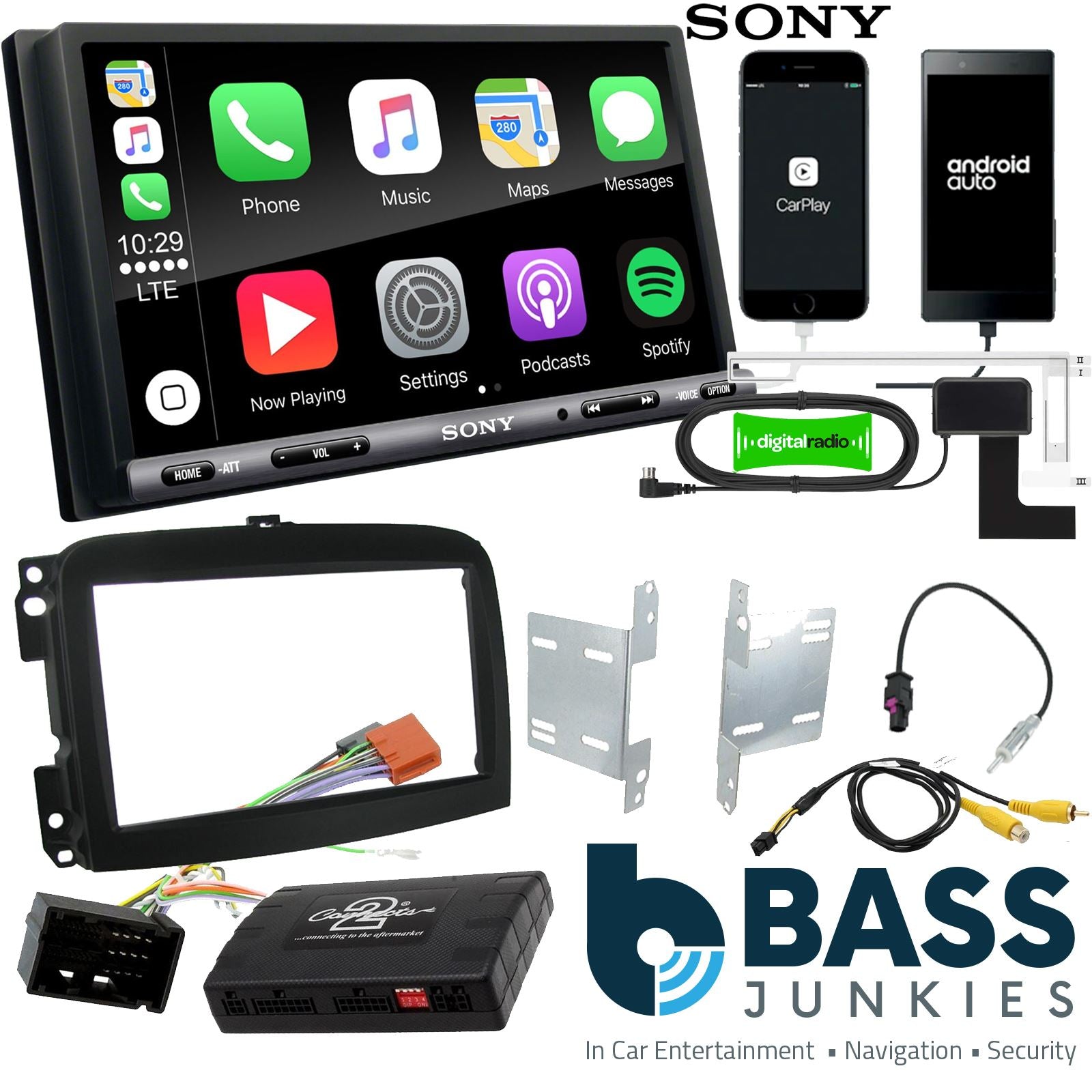 SONY DAB+ Apple | Android Double Din Stereo Fitting Kit + Steering Wheel Stalk Controls to fit Fiat 500L 2012-18