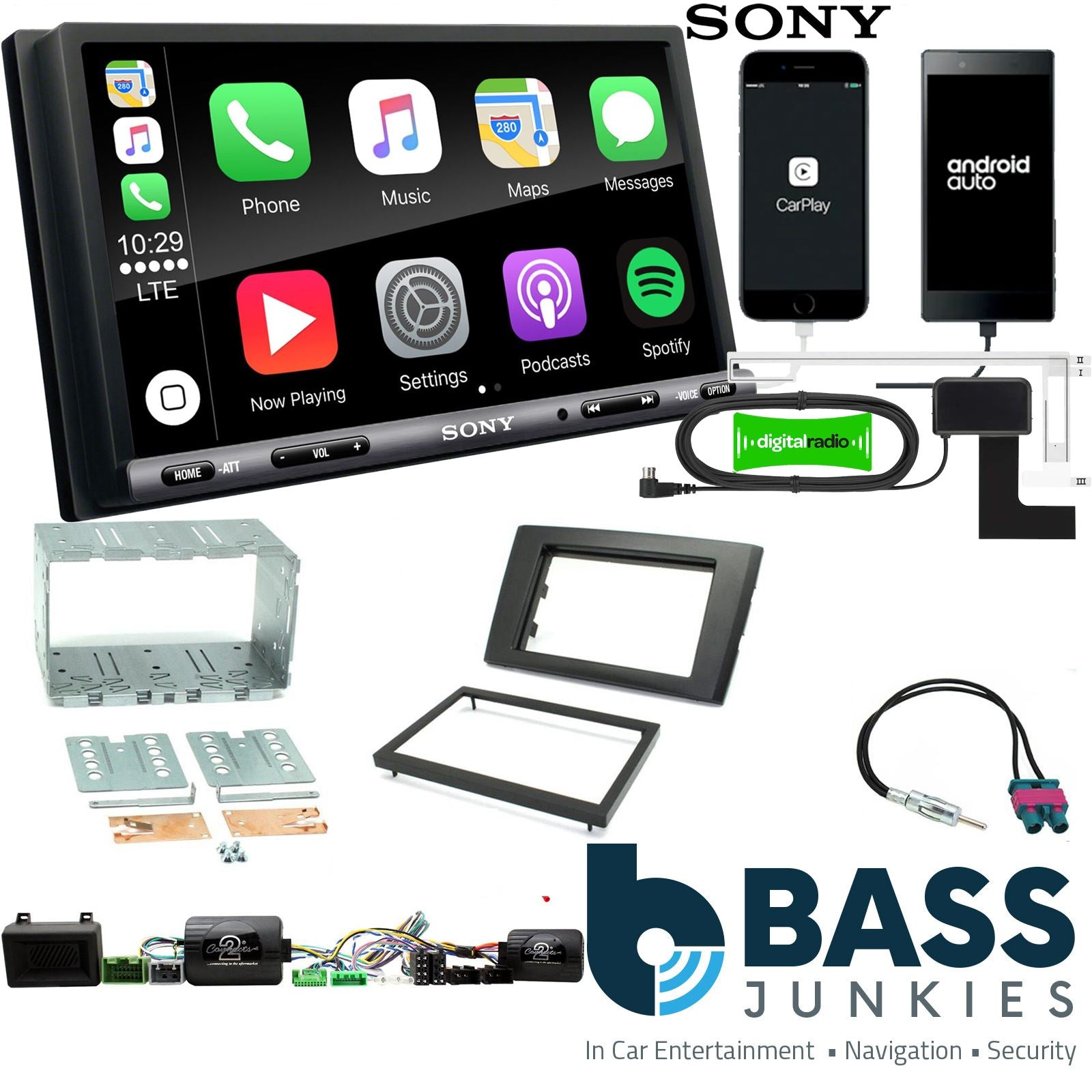 SONY DAB+ Apple | Android Double Din Stereo Fitting Kit + Steering Wheel Stalk Controls to fit Volvo XC90 2004-14