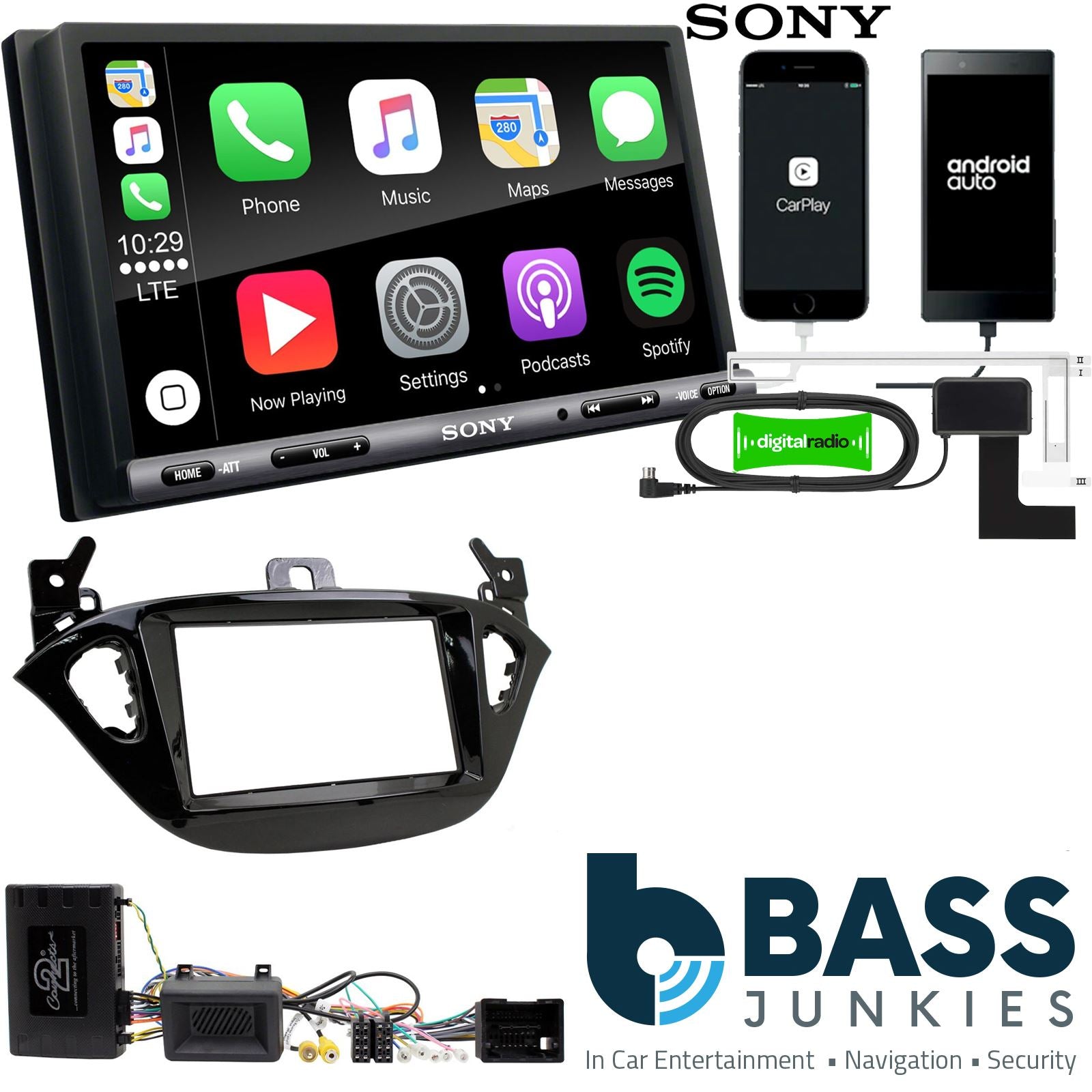 SONY DAB+ Apple | Android Double Din Stereo Fitting Kit + Steering Wheel Stalk Controls to fit Opel Adam 2013-21 | Opel Corsa 2014- | Vauxhall Adam 2012- | Vauxhall Corsa 2014-