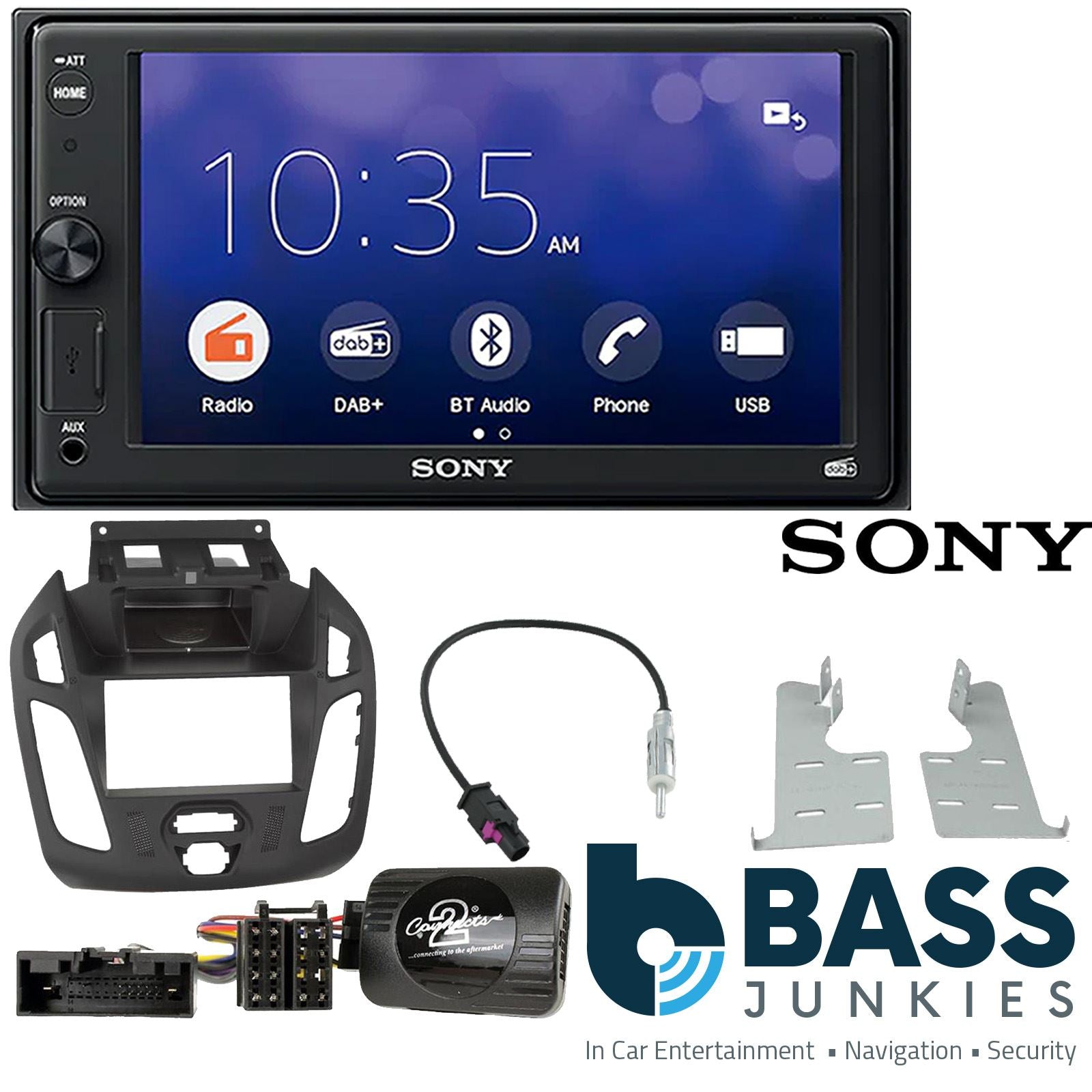 SONY XAV-1550D DAB+ Smart Bluetooth Car Radio + Stereo fitting kit + Steering Wheel Controls Loom for Ford Transit-Connect 2013-2021