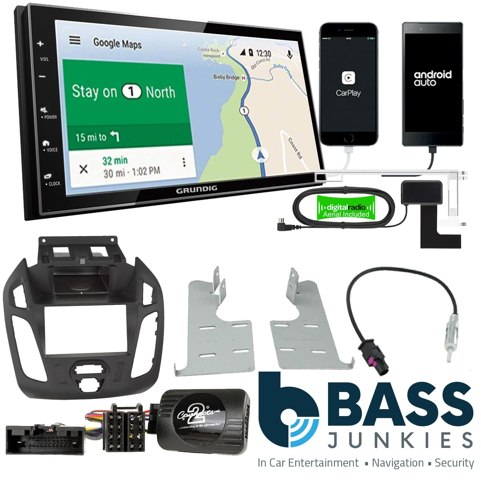 Grundig 6.8" Apple Android Double Din Stereo Fitting Kit + Steering Wheel Stalk Controls to fit Ford Transit-Connect 13-21