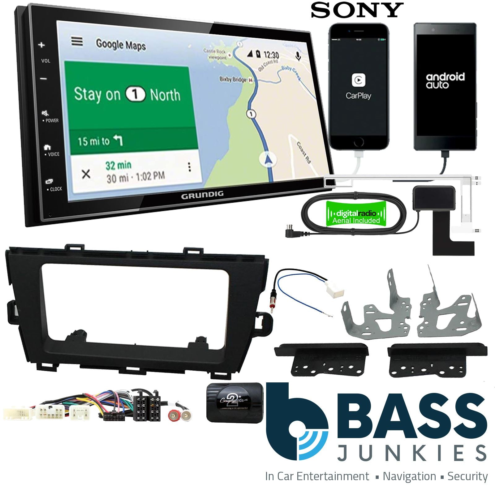 Grundig 6.8" Apple Android Double Din Stereo Fitting Kit + Steering Wheel Stalk Controls to fit Toyota Prius 2009-15