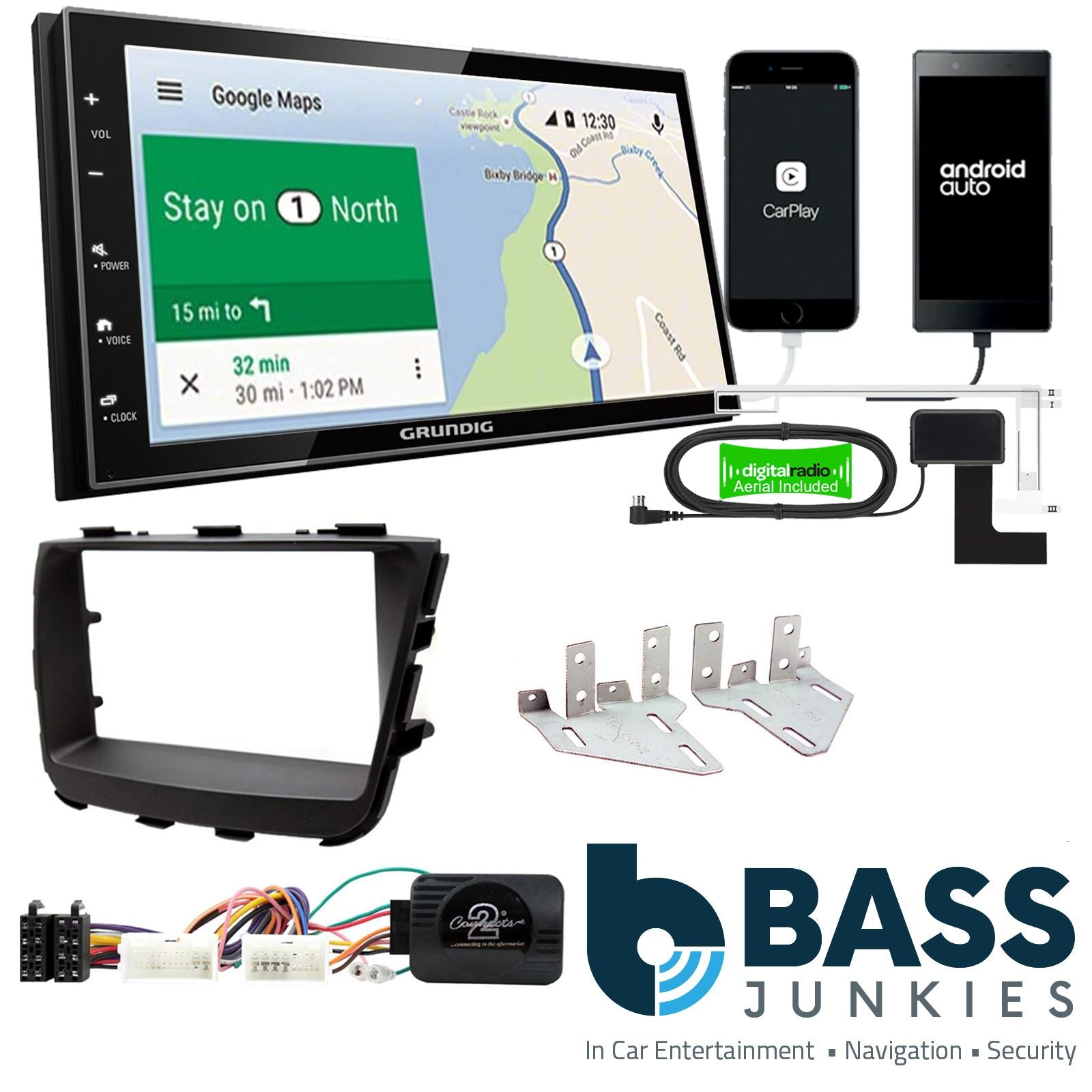 Grundig 6.8" Apple Android Double Din Stereo Fitting Kit + Steering Wheel Stalk Controls to fit Kia Sorento 2013-21