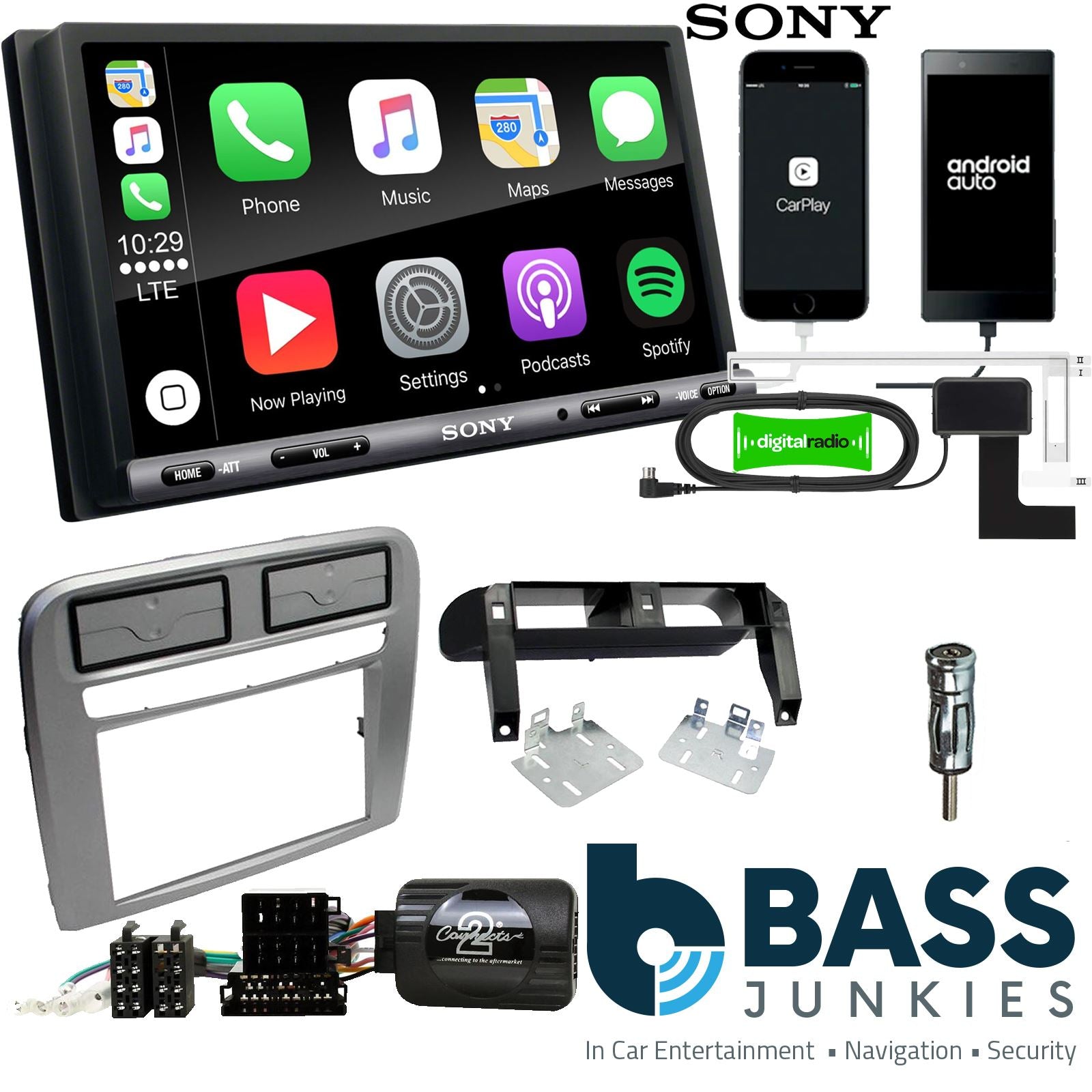 SONY DAB+ Apple | Android Double Din Stereo Fitting Kit + Steering Wheel Stalk Controls to fit Fiat Grande-Punto 2005-09