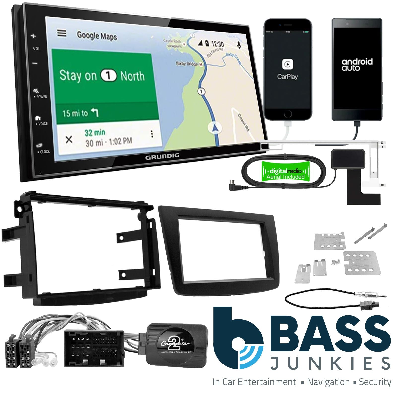 Grundig 6.8" Apple Android Double Din Stereo Fitting Kit + Steering Wheel Stalk Controls to fit Alfa Romeo Mito 2014-2018