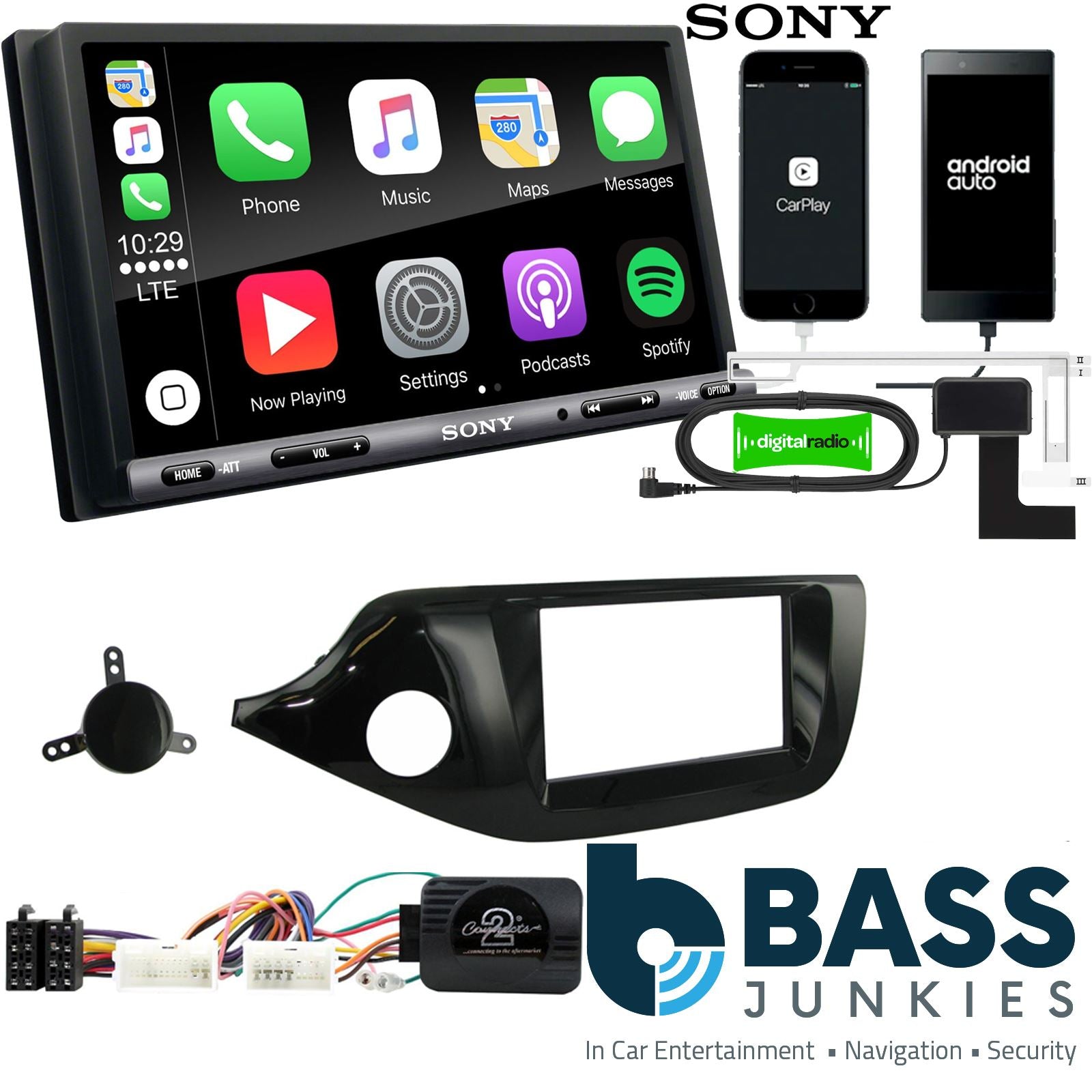 SONY DAB+ Apple | Android Double Din Stereo Fitting Kit + Steering Wheel Stalk Controls to fit Kia Cee'd 2012-18 | Kia Pro-Cee'd 2012-18