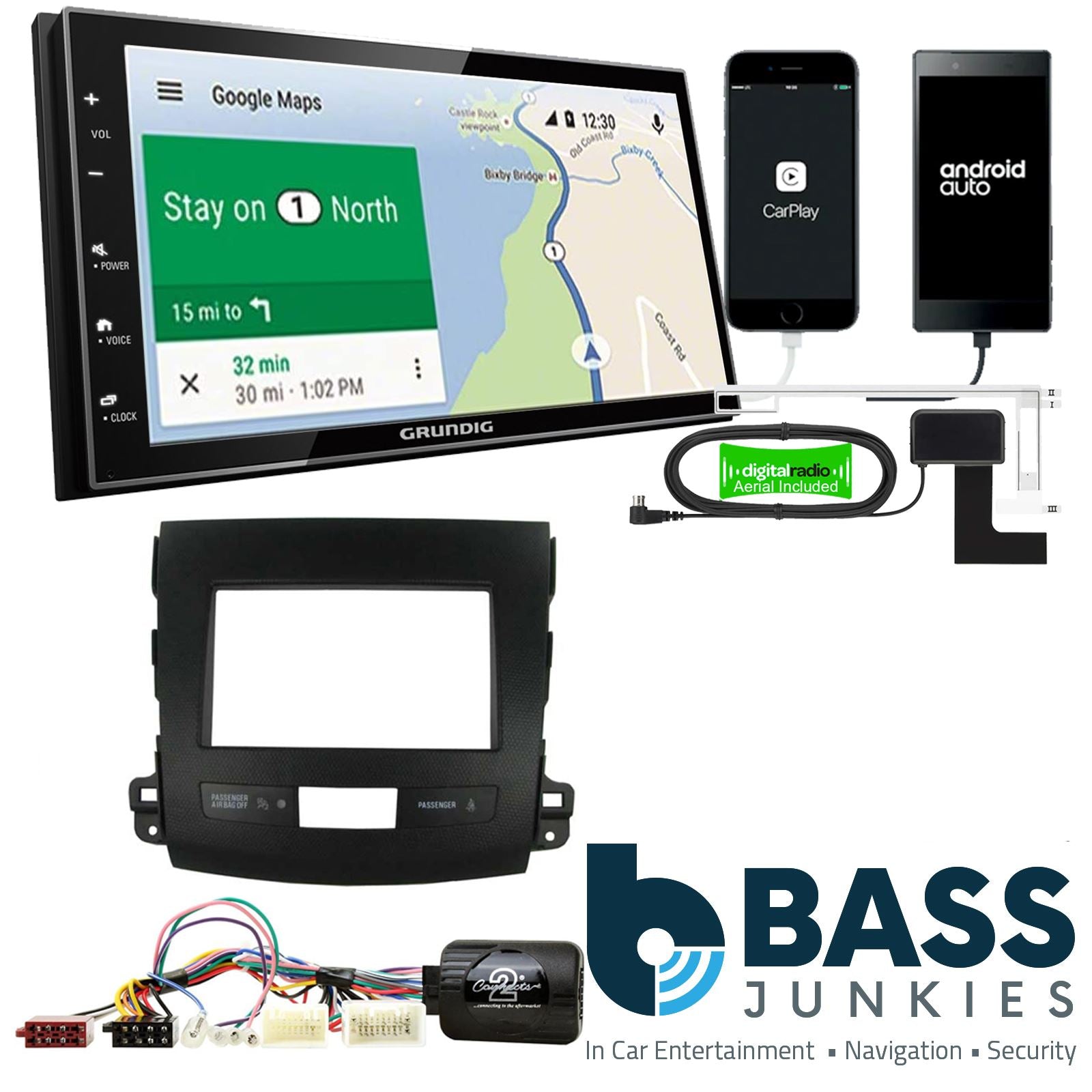 Grundig 6.8" Apple Android Double Din Stereo Fitting Kit + Steering Wheel Stalk Controls to fit Mitsubishi Outlander 07-13