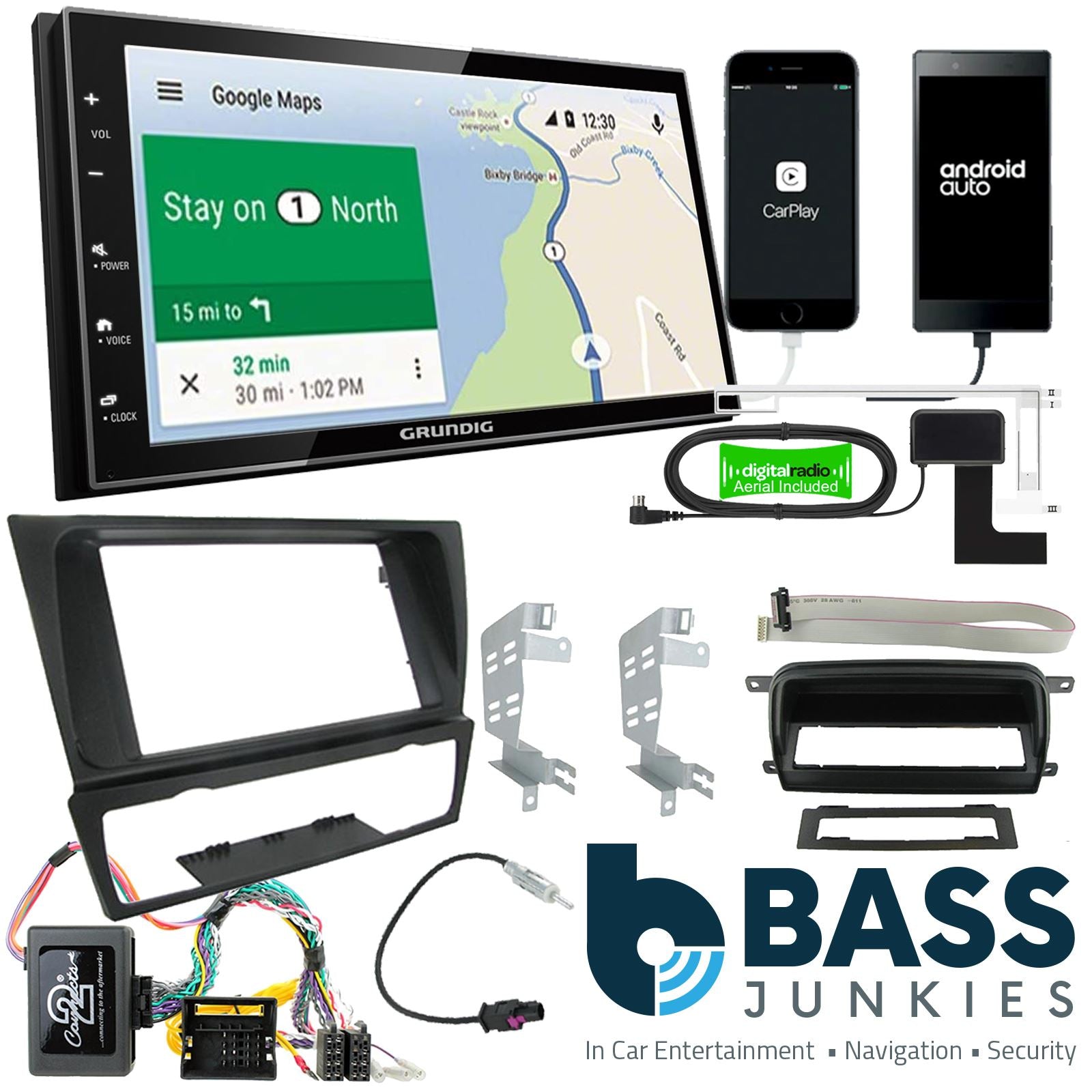 Grundig 6.8" Apple Android Double Din Stereo Fitting Kit + Steering Wheel Stalk Controls to fit BMW 3-Series 2005-12