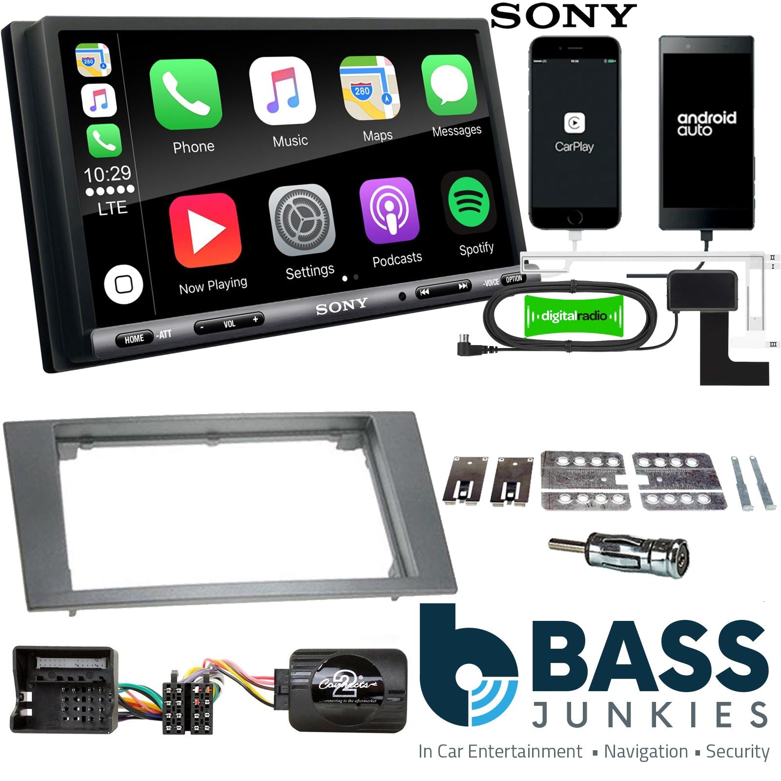 SONY DAB+ Apple | Android Double Din Stereo Fitting Kit + Steering Wheel Stalk Controls to fit Ford Mondeo 2004-07