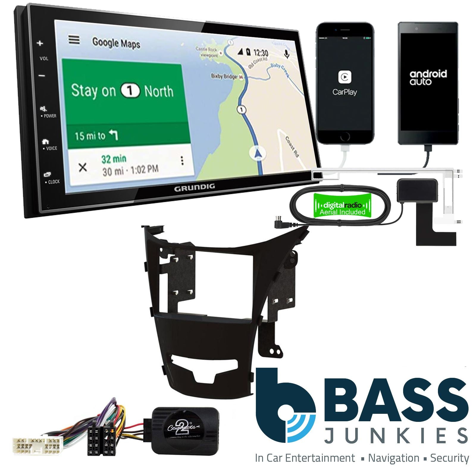 Grundig 6.8" Apple Android Double Din Stereo Fitting Kit + Steering Wheel Stalk Controls to fit SsangYong Korando 2013-17