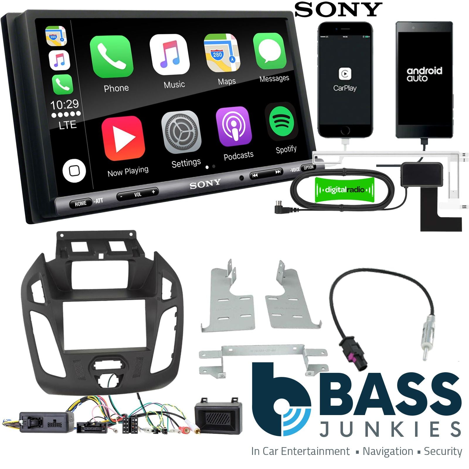 SONY DAB+ Apple | Android Double Din Stereo Fitting Kit + Steering Wheel Stalk Controls to fit Ford Transit-Connect 13-21