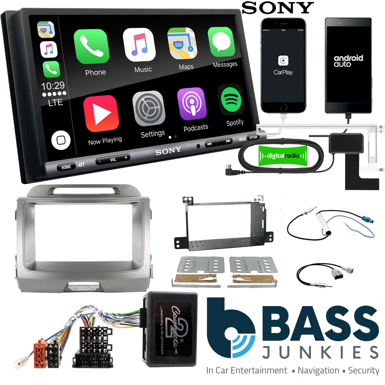 SONY DAB+ Apple | Android Double Din Stereo Fitting Kit + Steering Wheel Stalk Controls to fit Kia Sportage 2010-15