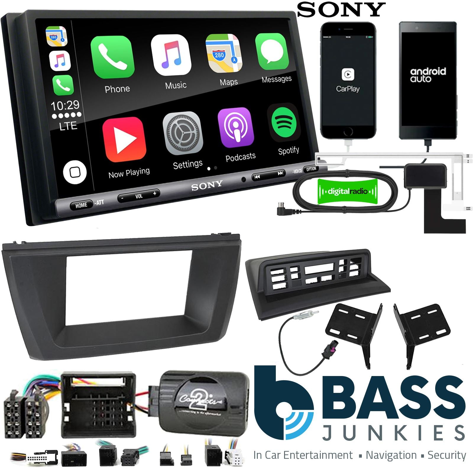 SONY DAB+ Apple | Android Double Din Stereo Fitting Kit + Steering Wheel Stalk Controls to fit BMW X3 2003-10