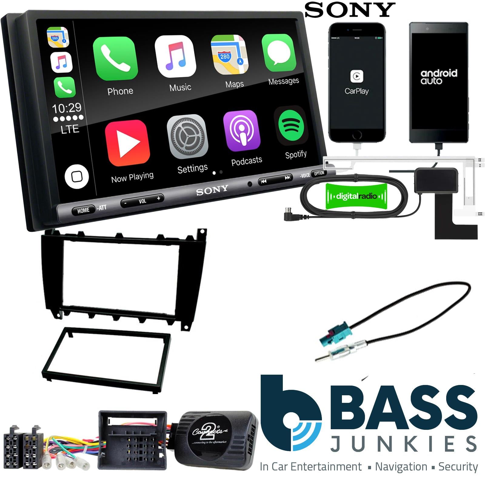 SONY DAB+ Apple | Android Double Din Stereo Fitting Kit + Steering Wheel Stalk Controls to fit Mercedes C-Class 2004-07