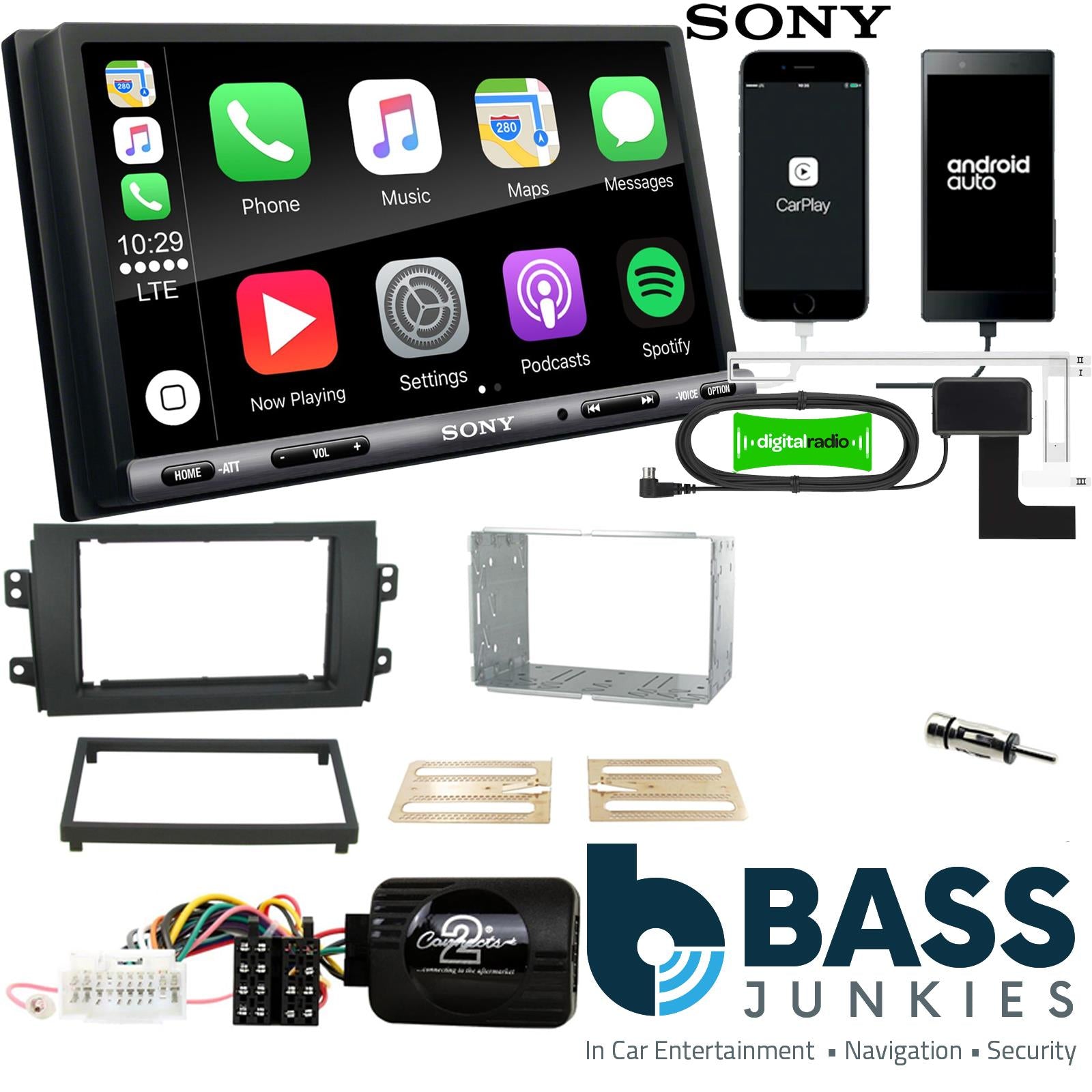 SONY DAB+ Apple | Android Double Din Stereo Fitting Kit + Steering Wheel Stalk Controls to fit Suzuki SX4 2006-14