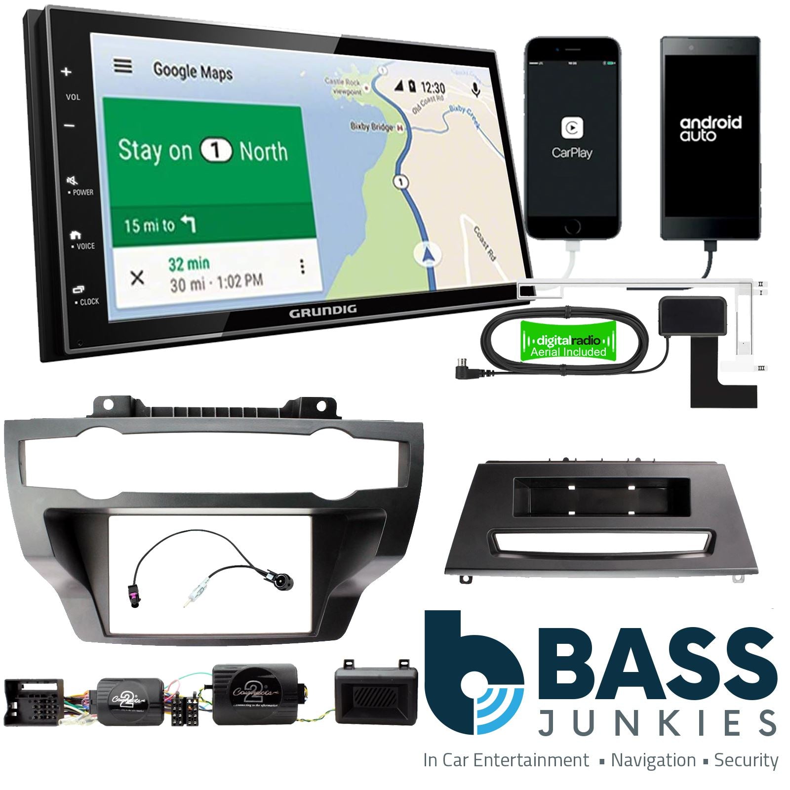 Grundig 6.8" Apple Android Double Din Stereo Fitting Kit + Steering Wheel Stalk Controls to fit BMW X5 2007-13 | BMW X6 2008-14